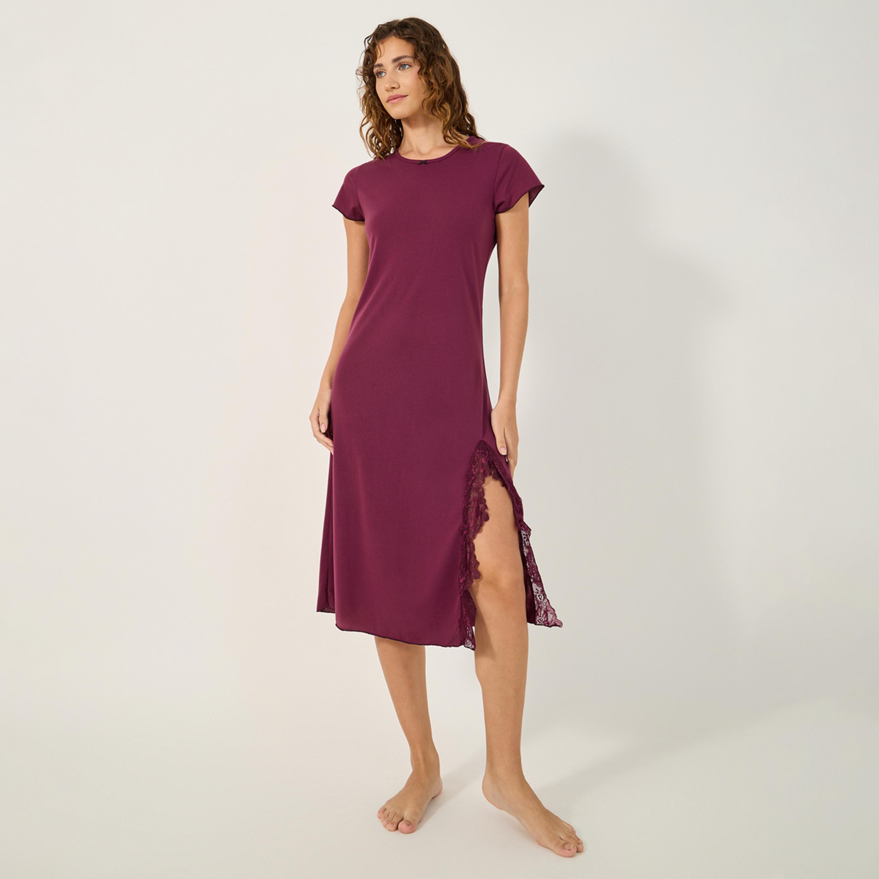 Styli Round Neck Lace Insert Front Slit Sleep T-Shirt-women-clothing-nightwear-nighties-image-1