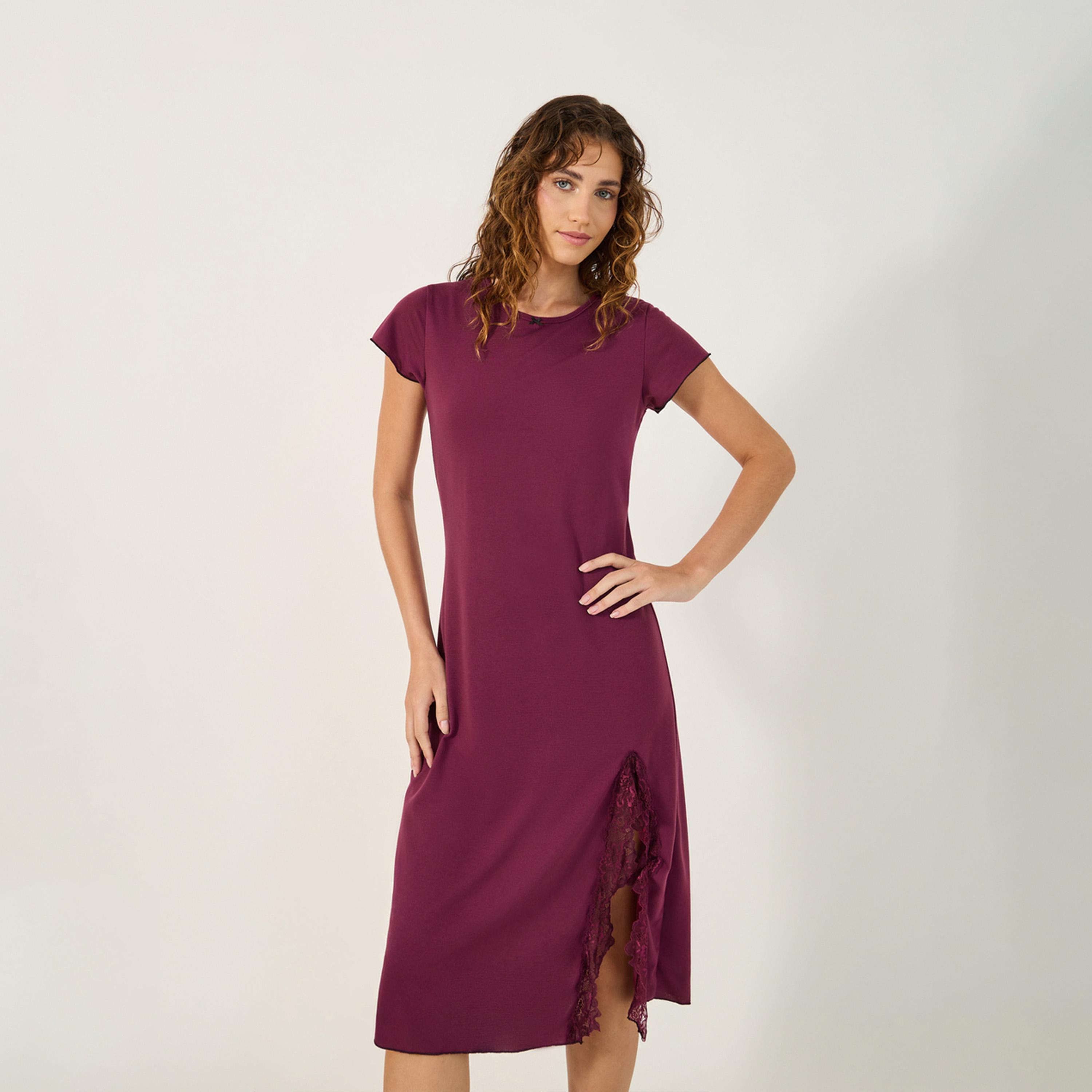 Styli Round Neck Lace Insert Front Slit Sleep T-Shirt-women-clothing-nightwear-nighties-image-2