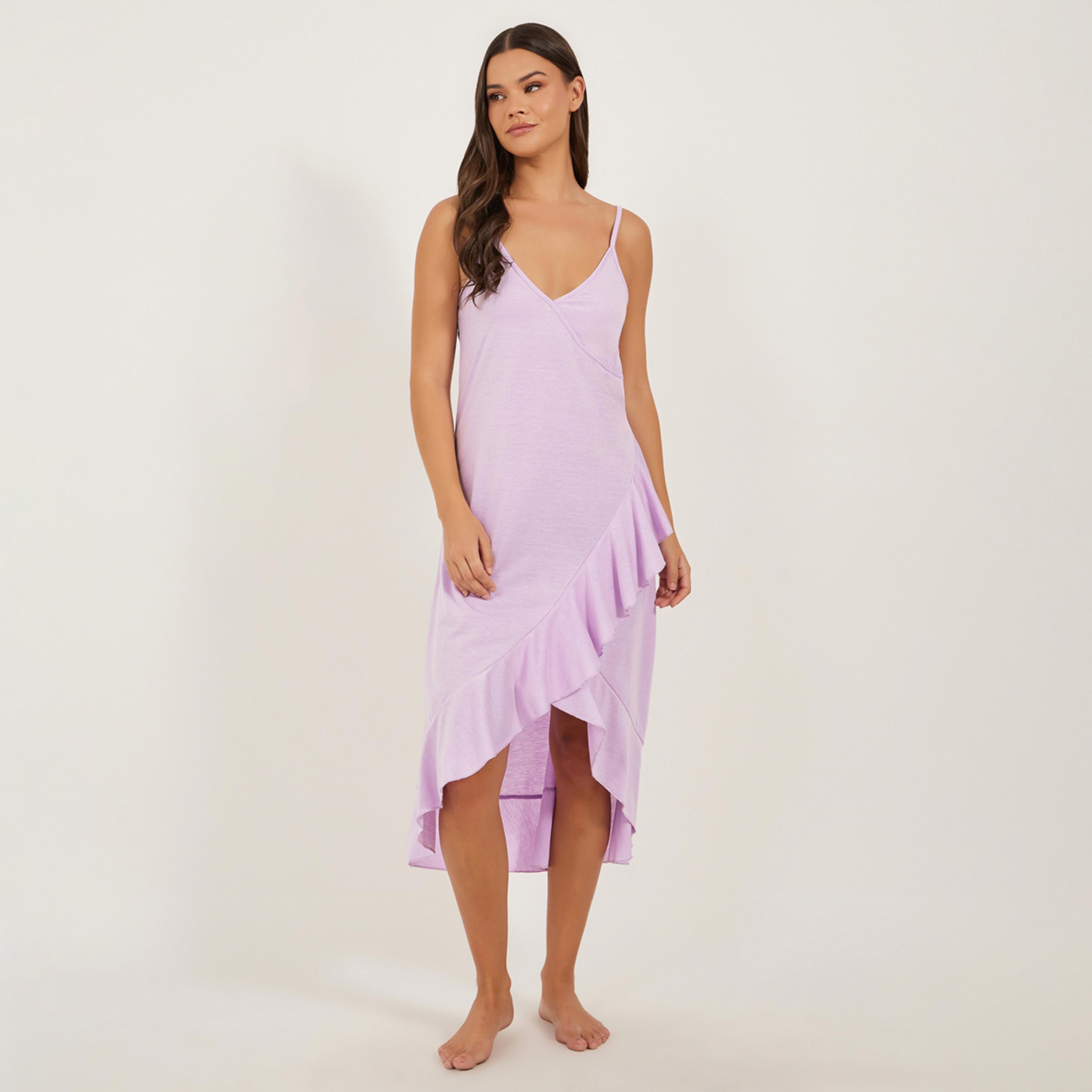 ستايلي - فستان سهل الارتداء بياقة V وأشرطة وحافة كشكش-women-clothing-nightwear-nighties-image-1