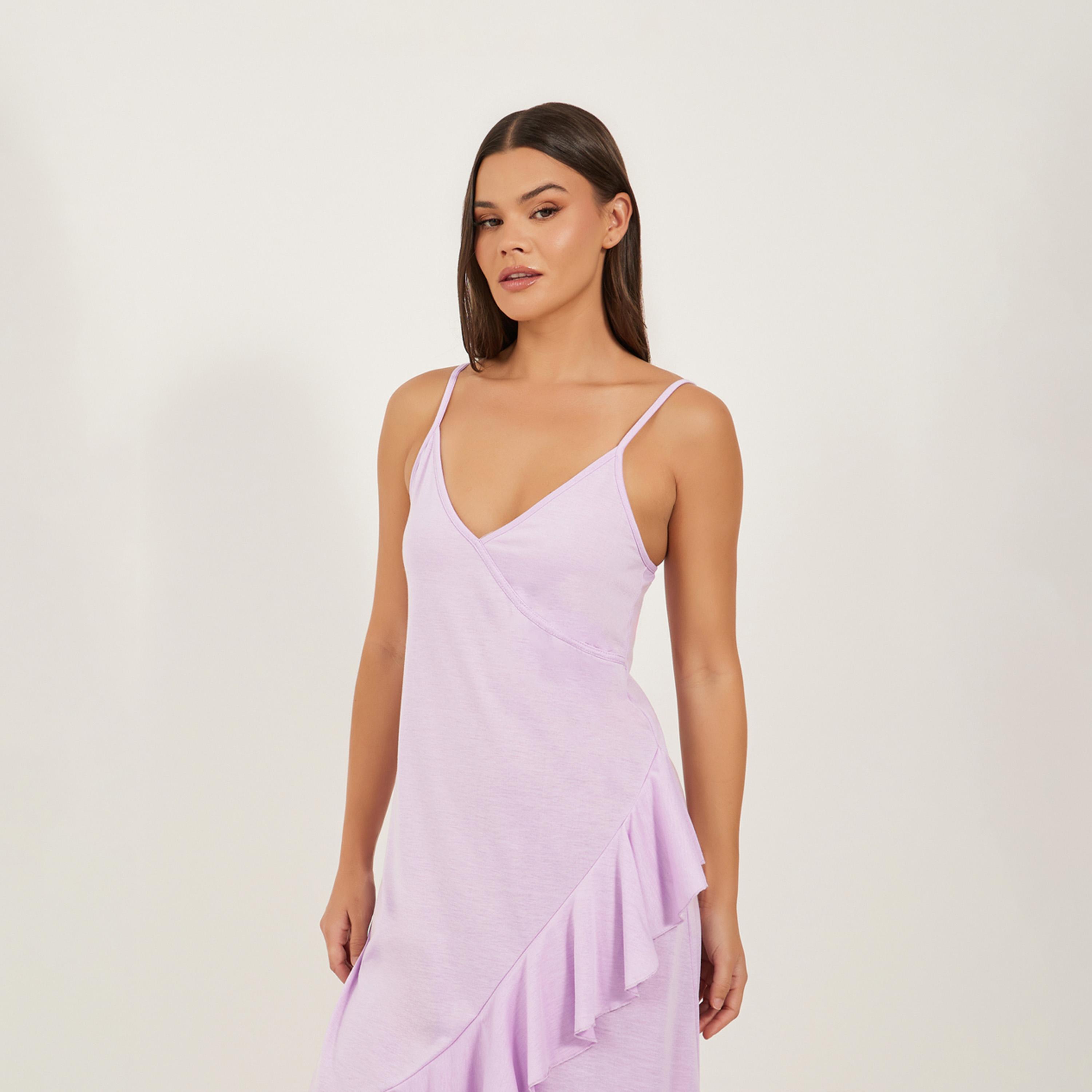 ستايلي - فستان سهل الارتداء بياقة V وأشرطة وحافة كشكش-women-clothing-nightwear-nighties-image-2