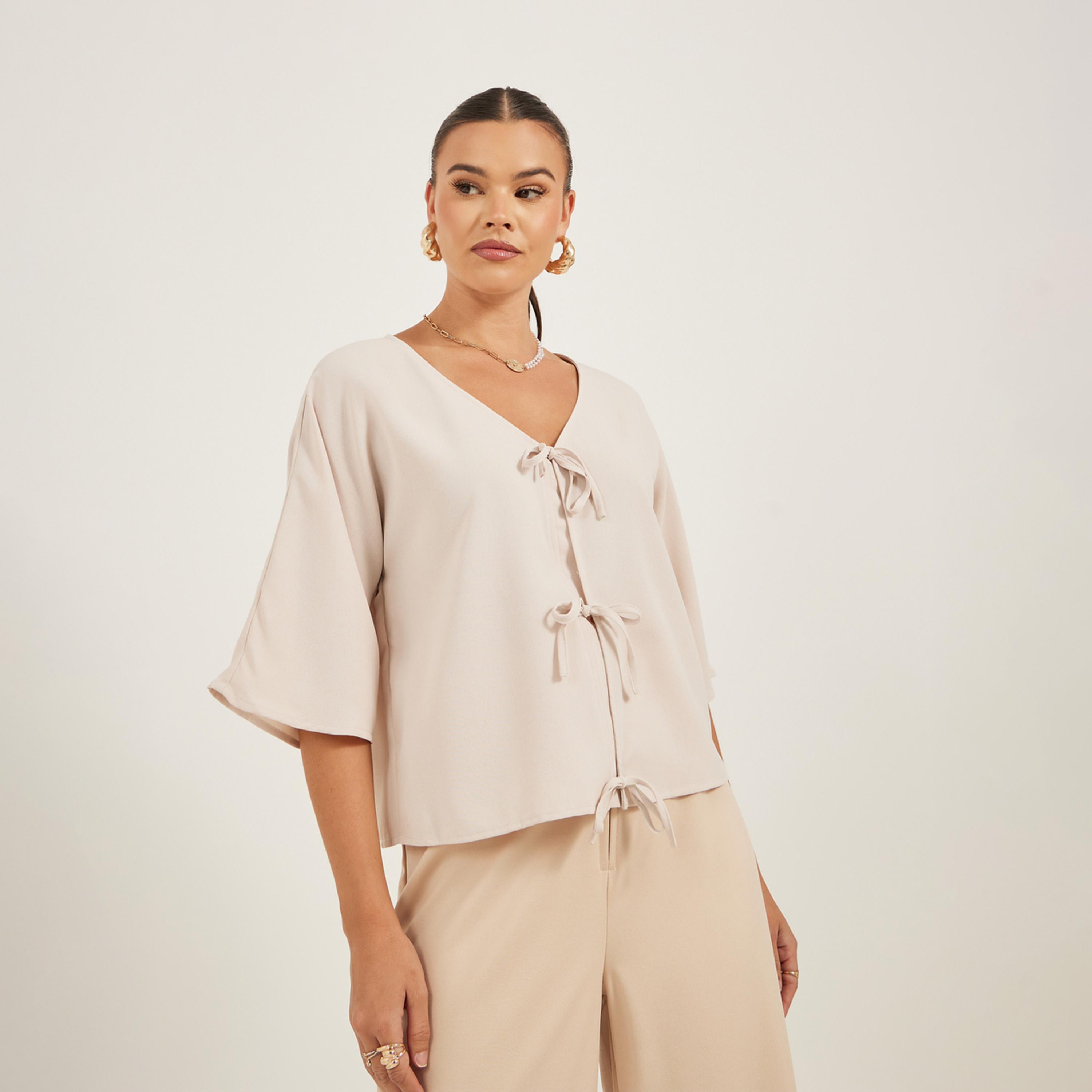 Take Two Solid V Neck Tie Front Top-women-clothing-shirtsandblouses-blouses-image-1