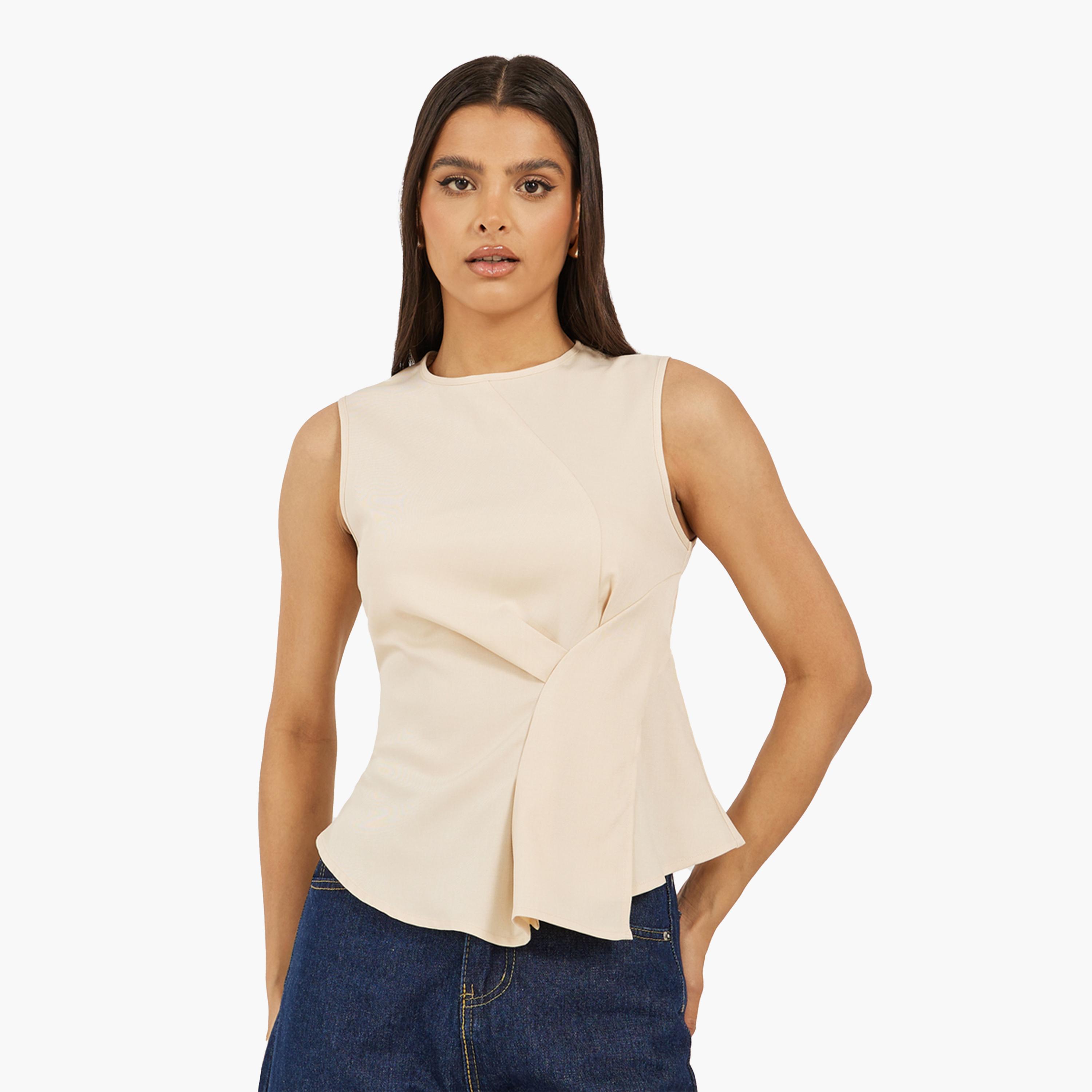 بلوزة سادة بلا أكمام بنمط لف-women-clothing-shirtsandblouses-blouses-image-1