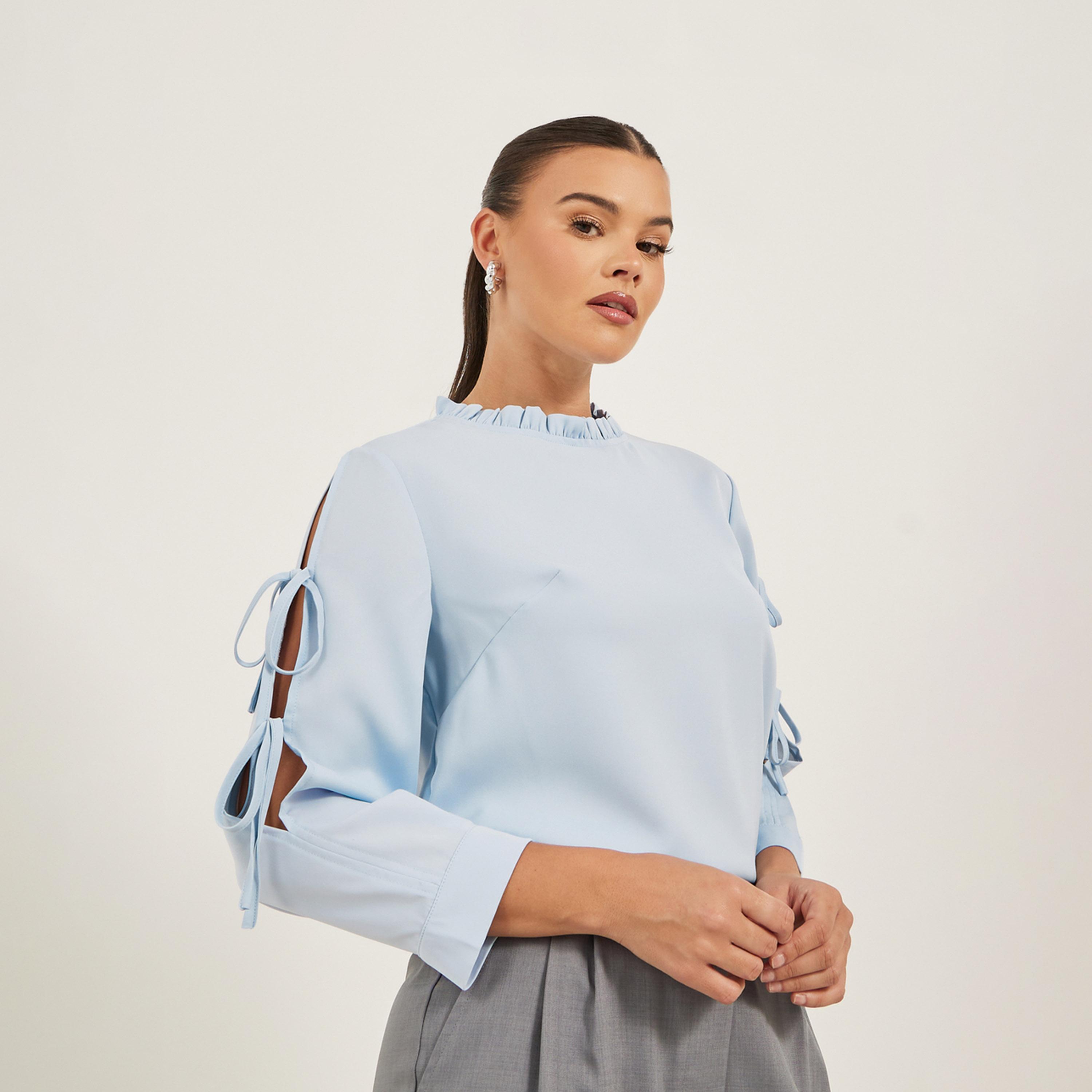 بلوزة سادة بياقة عالية وكشكش مع أربطة-women-clothing-shirtsandblouses-shirts-image-1