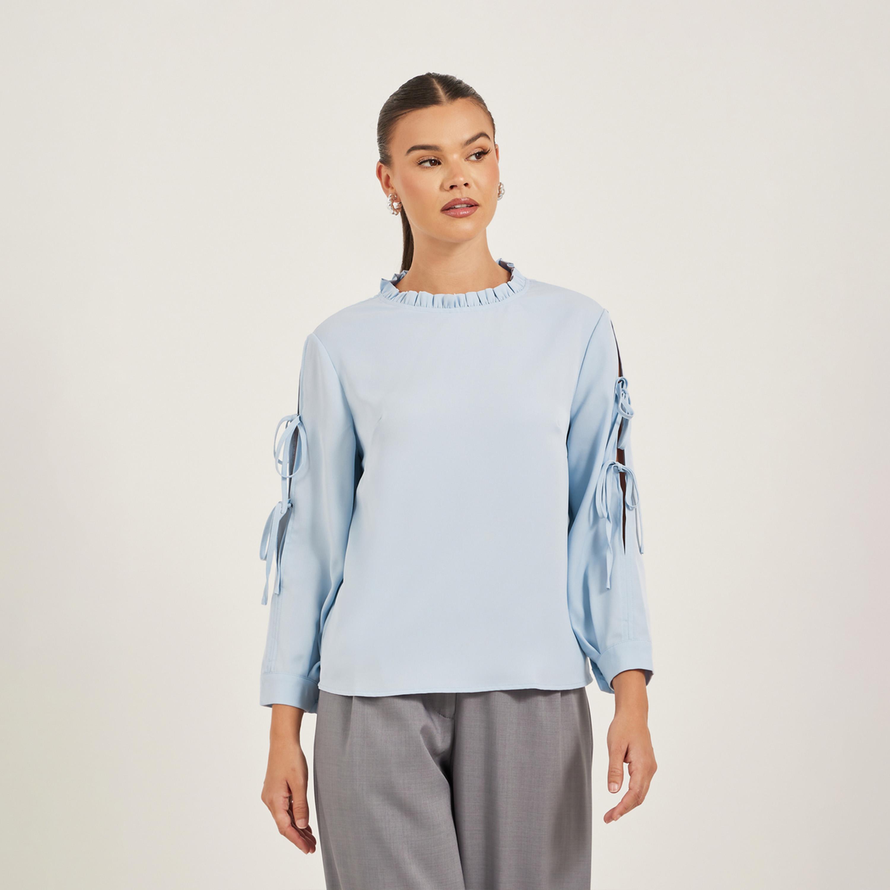 Take Two Solid Ruffled High Neck Top with Tie Detail-women-clothing-shirtsandblouses-shirts-image-3