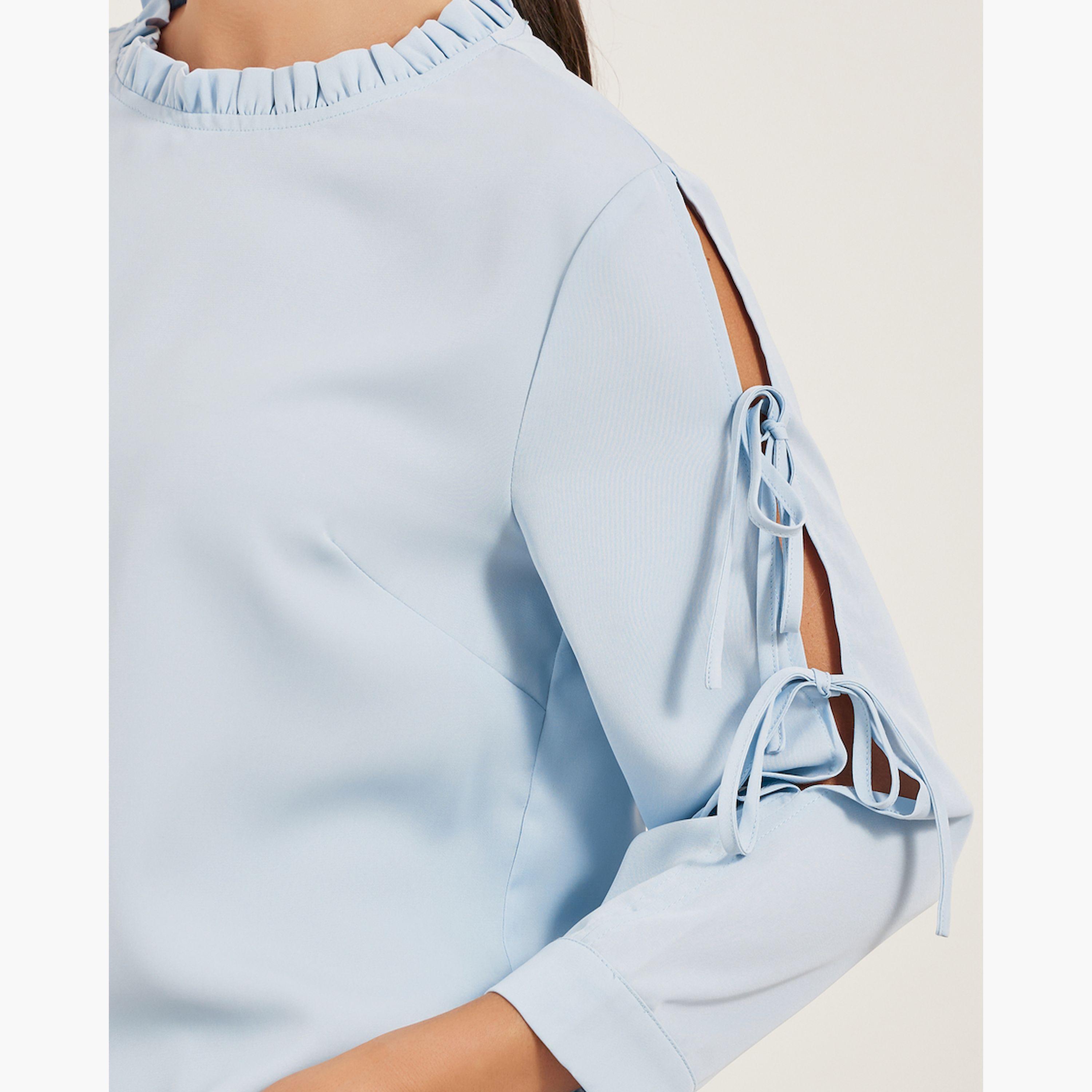 Take Two Solid Ruffled High Neck Top with Tie Detail-women-clothing-shirtsandblouses-shirts-image-4