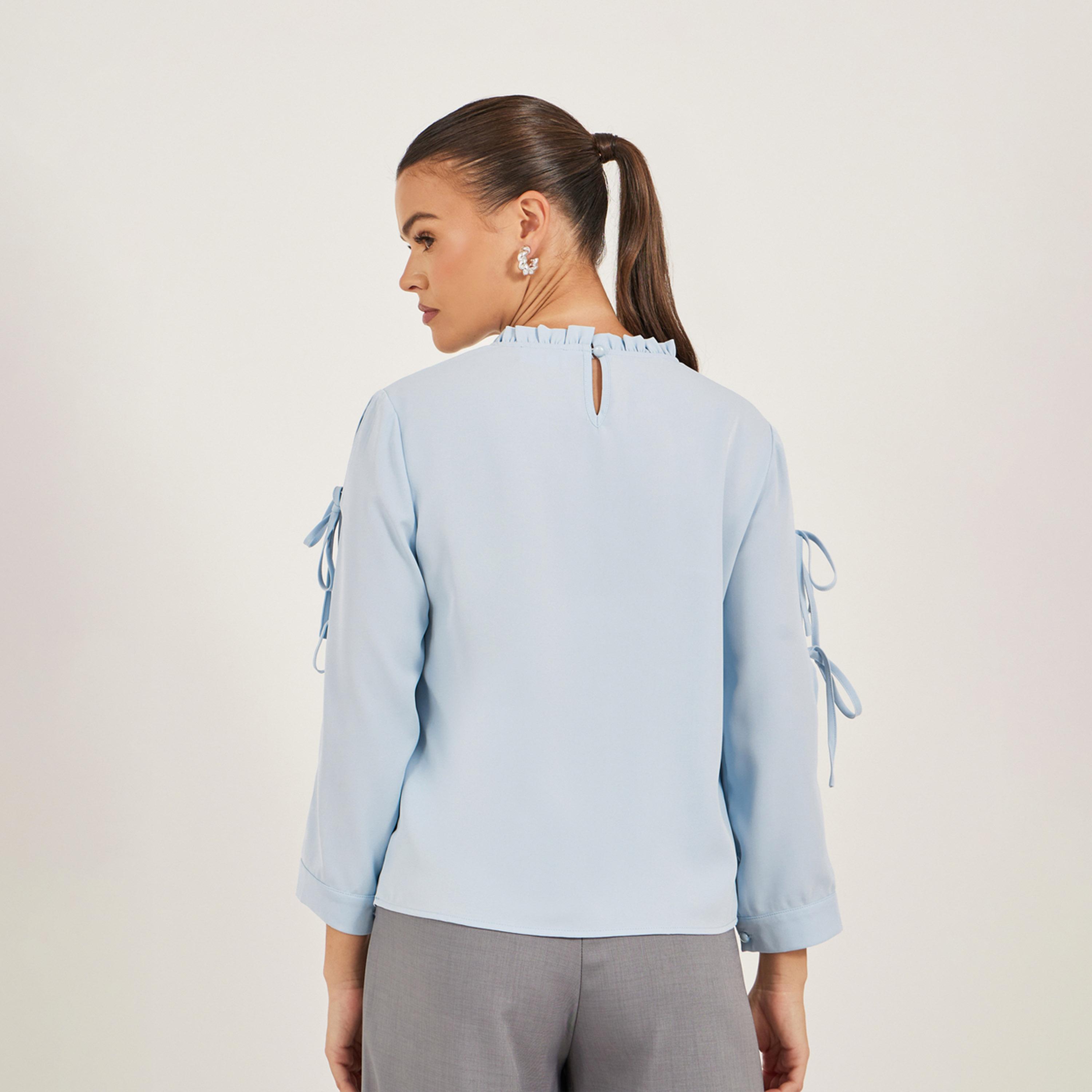 بلوزة سادة بياقة عالية وكشكش مع أربطة-women-clothing-shirtsandblouses-shirts-image-5