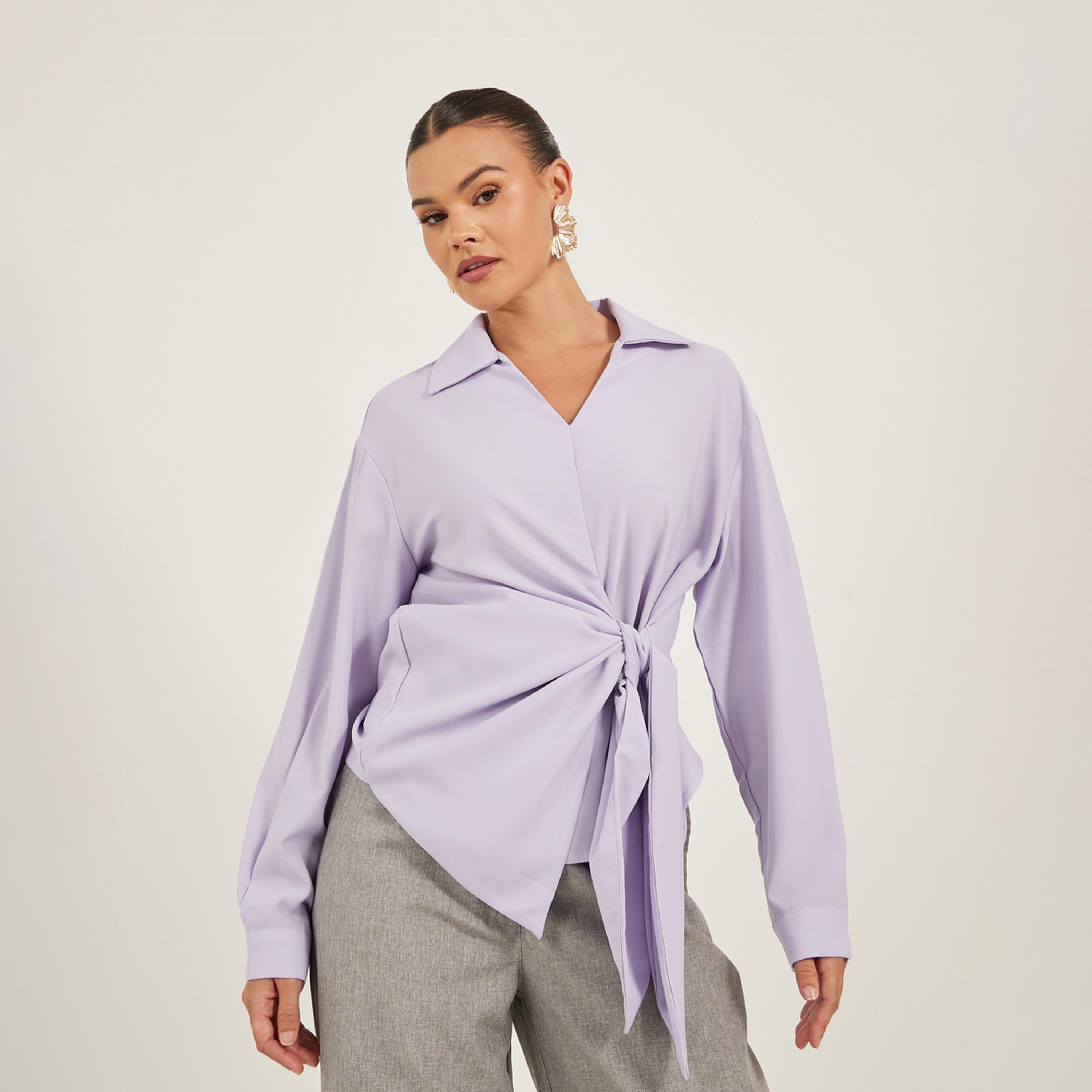 Take Two Solid Collared Wrap Look Top-women-clothing-shirtsandblouses-blouses-image-1