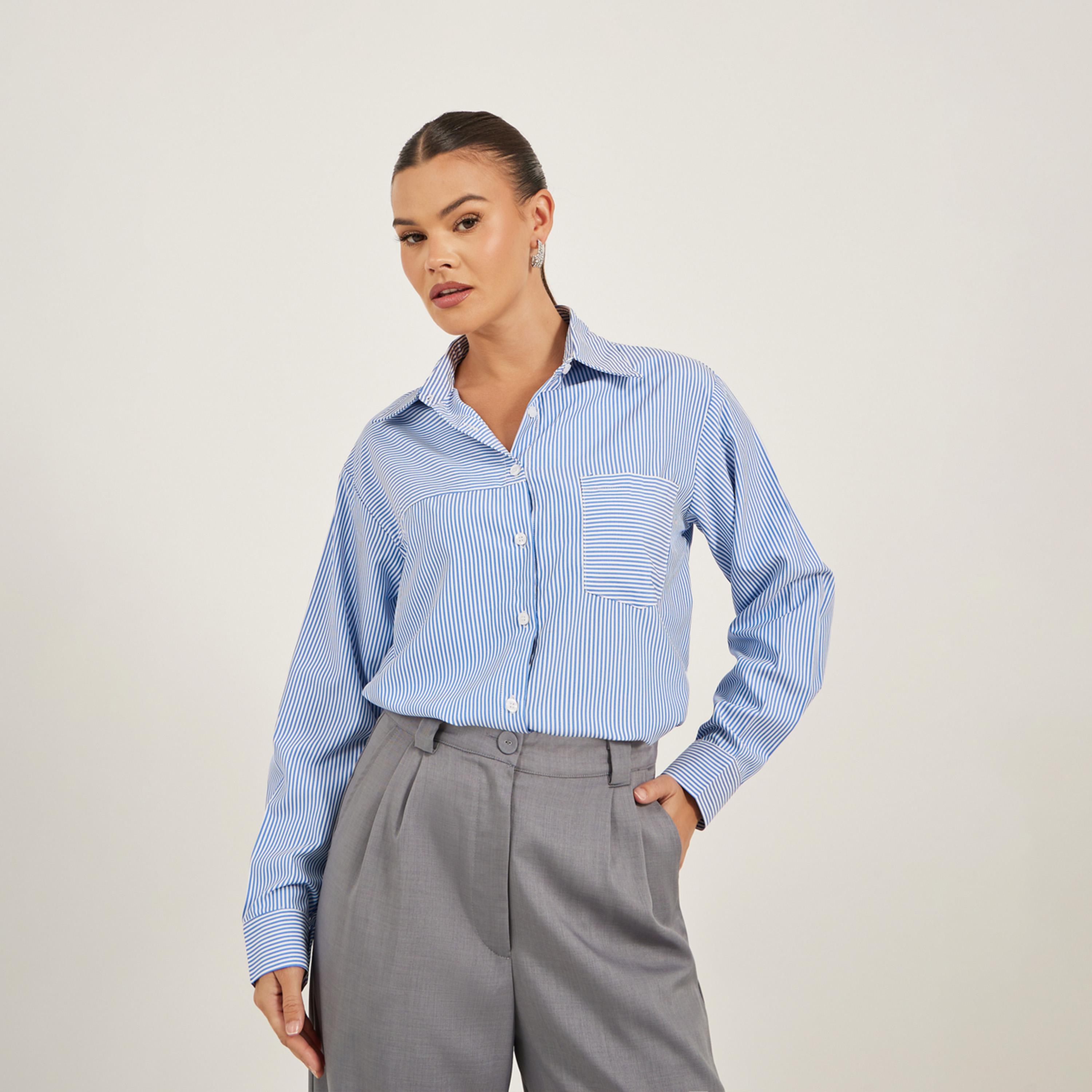 بلوزة مخططة بقصة عادية وتفاصيل جيب-women-clothing-shirtsandblouses-shirts-image-3