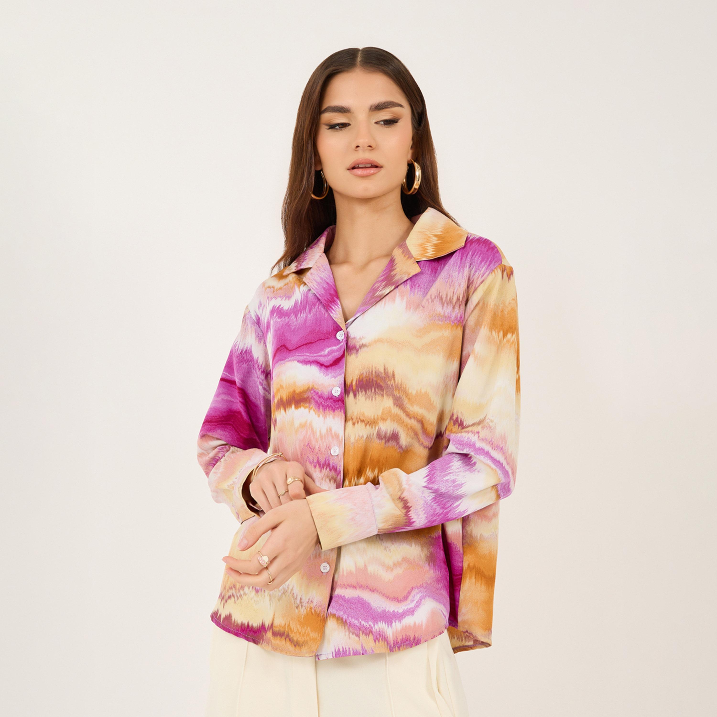 بلوزة مطبعة بالكامل بأكتاف منخفضة مع أزرار-women-clothing-shirtsandblouses-shirts-image-1