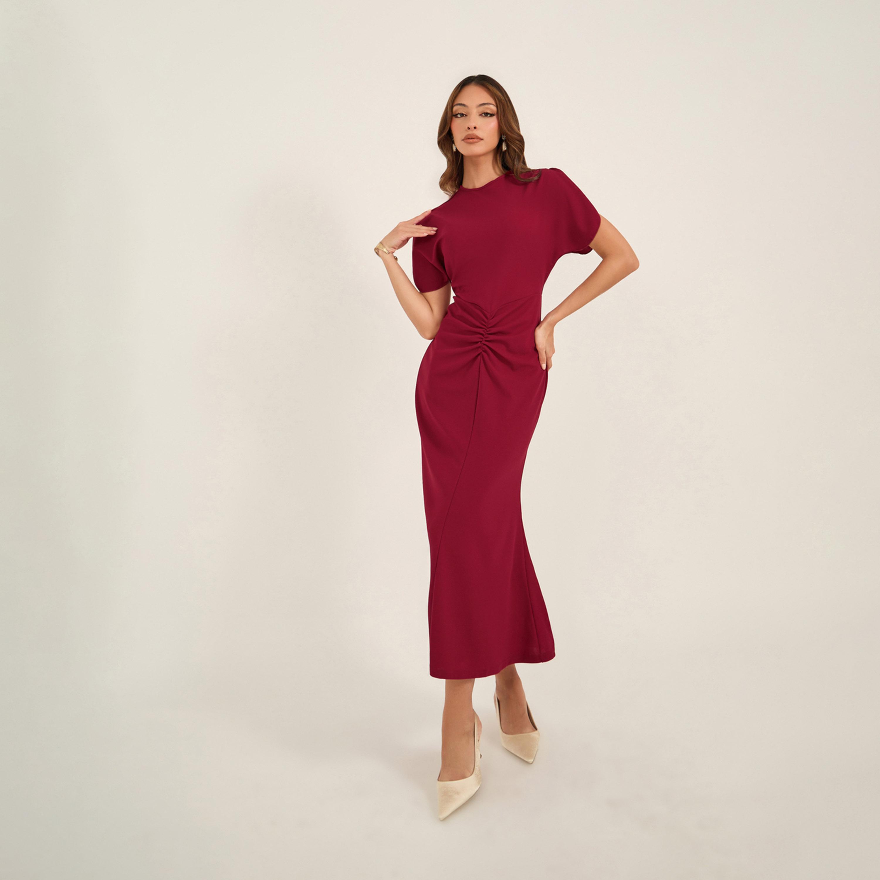 فستان ميدي ضيق بحافة حورية البحر وياقة دائرية-women-clothing-dresses-image-1