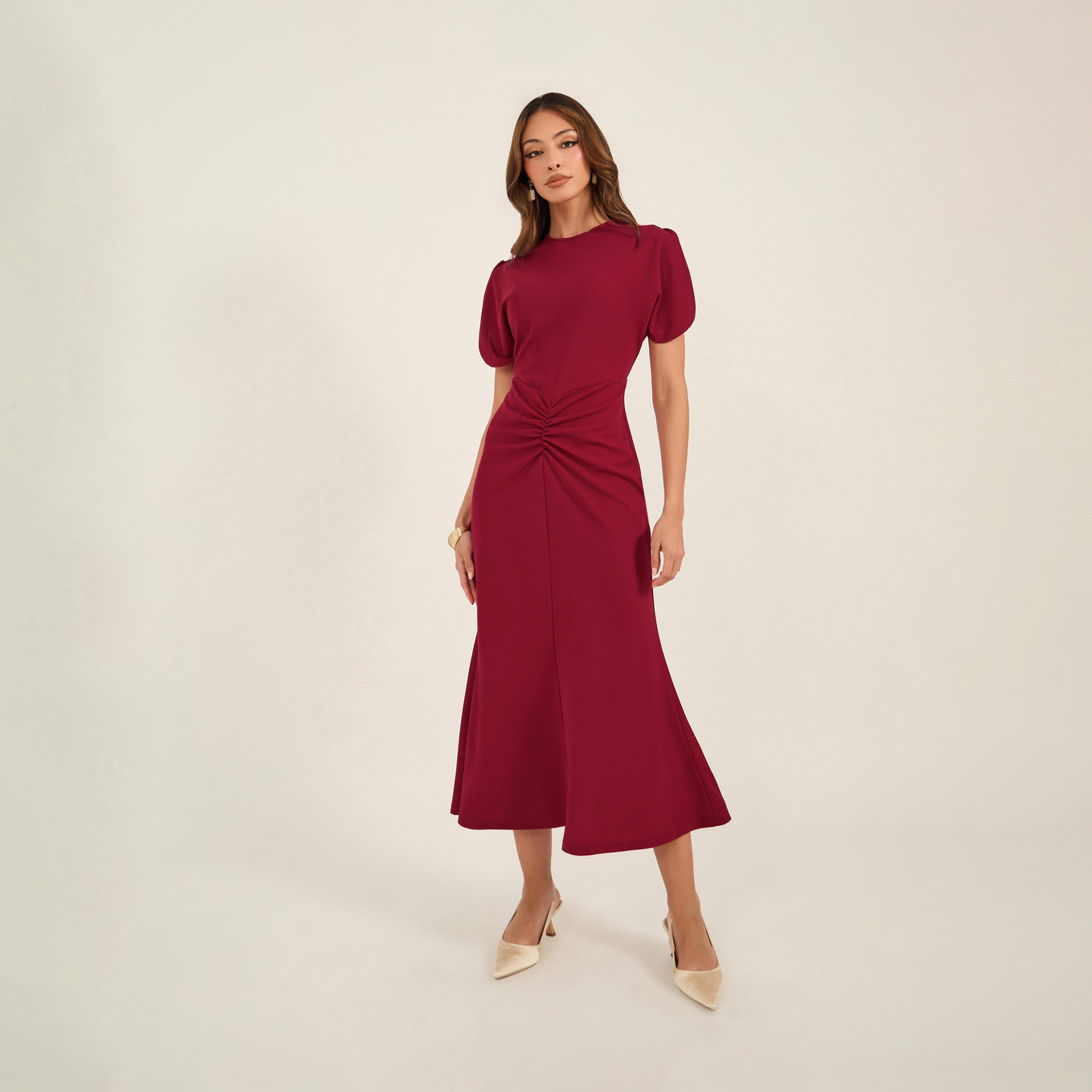 فستان ميدي ضيق بحافة حورية البحر وياقة دائرية-women-clothing-dresses-image-2