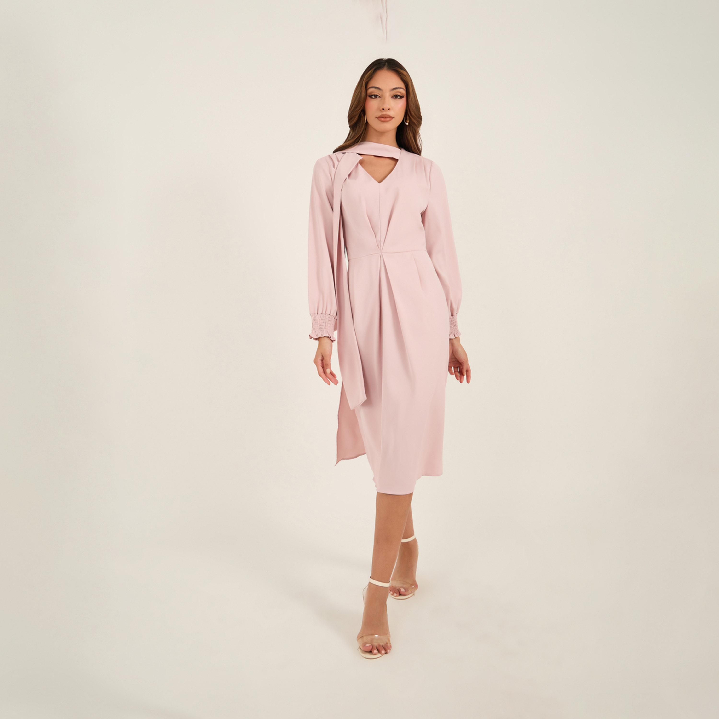 Take Two Solid Pleated V Neck Midi Dress with Tie-Up Detail-women-clothing-dresses-image-1