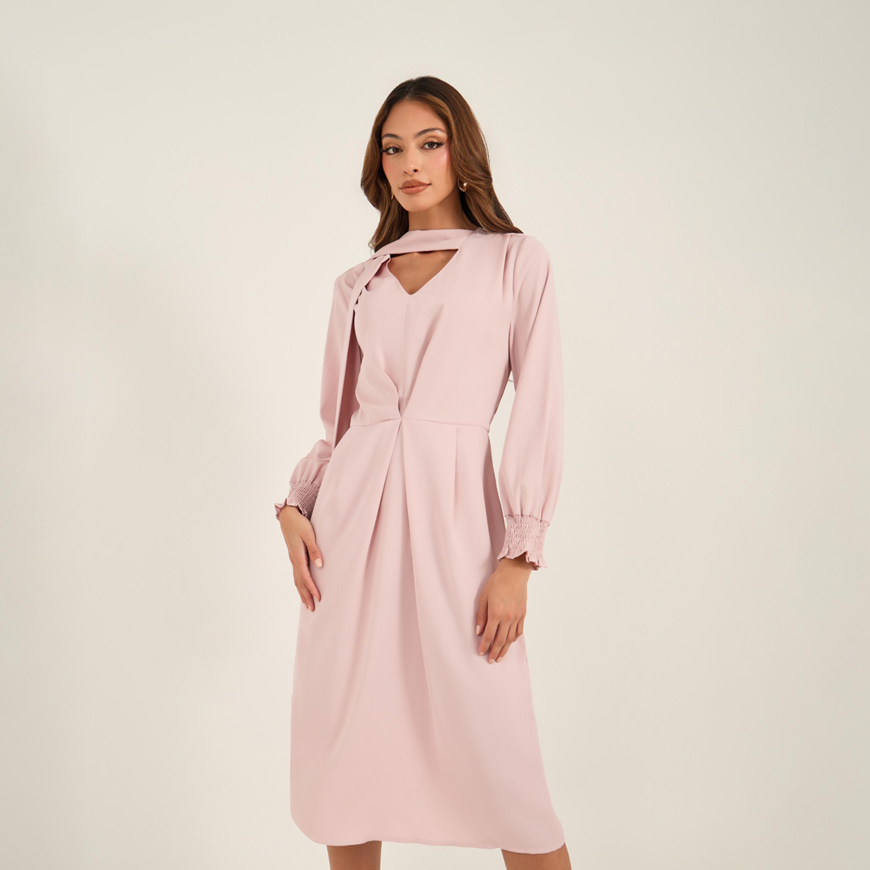 فستان ميدي سادة بتفاصيل كسرات مع ربطة-women-clothing-dresses-image-2