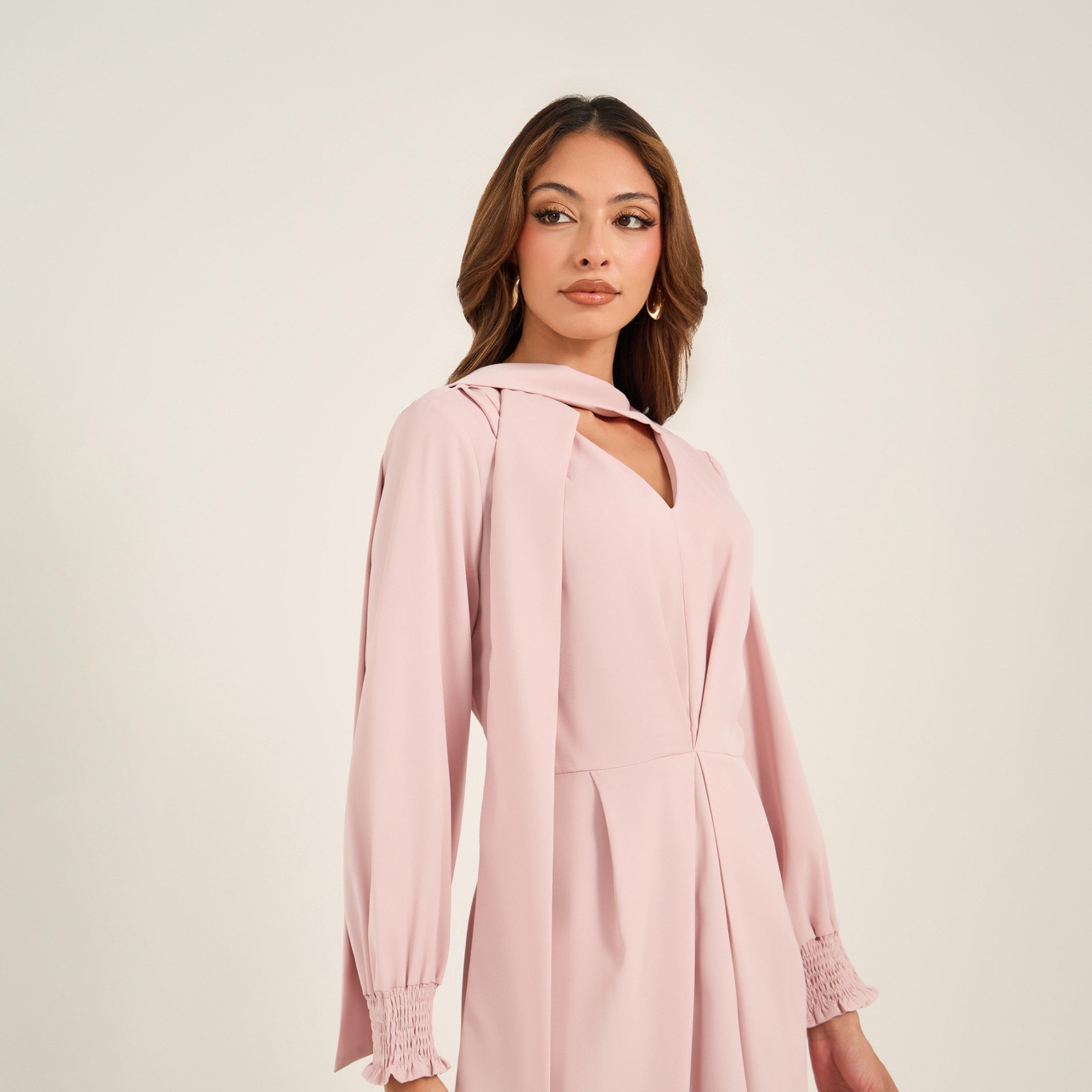 فستان ميدي سادة بتفاصيل كسرات مع ربطة-women-clothing-dresses-image-3