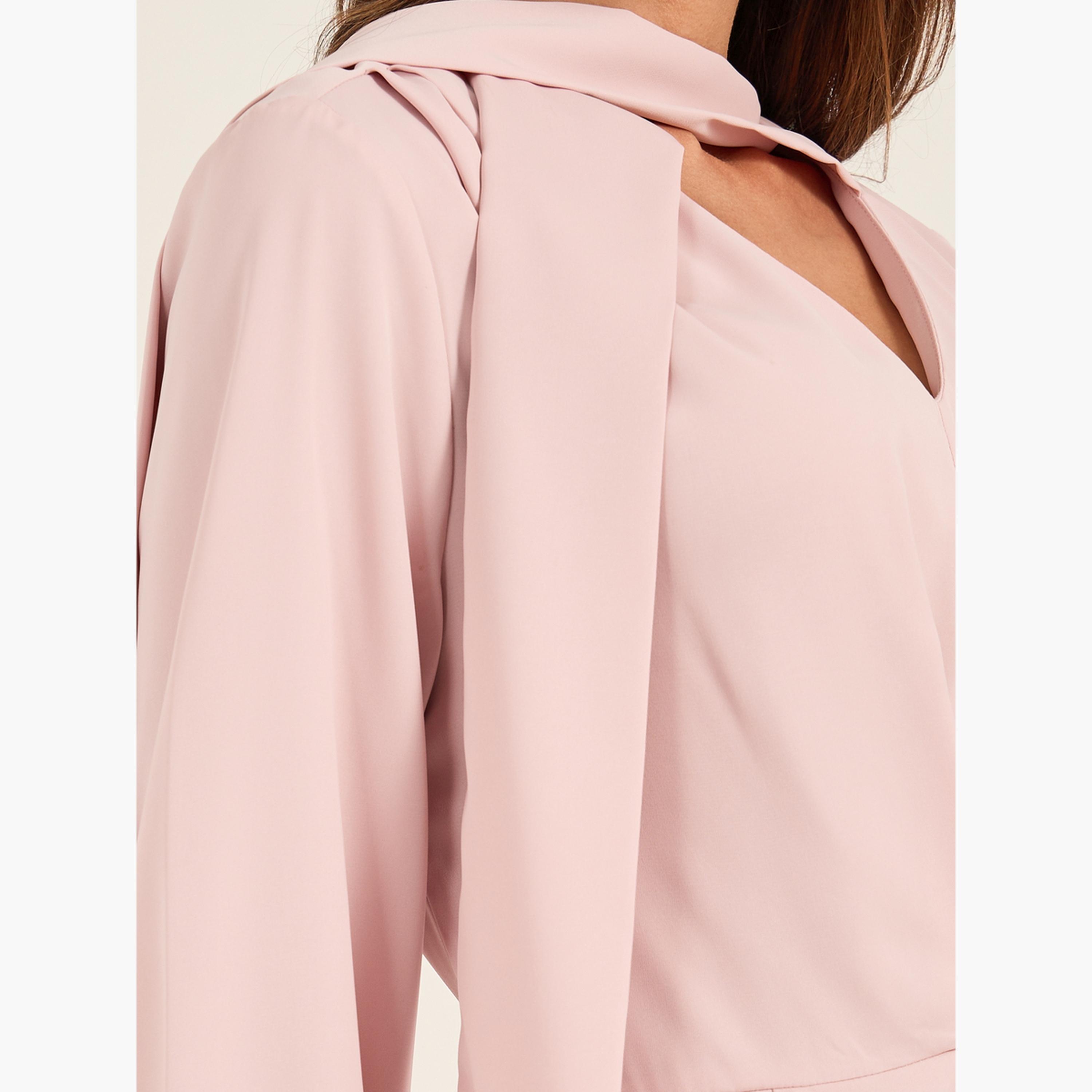 فستان ميدي سادة بتفاصيل كسرات مع ربطة-women-clothing-dresses-image-4