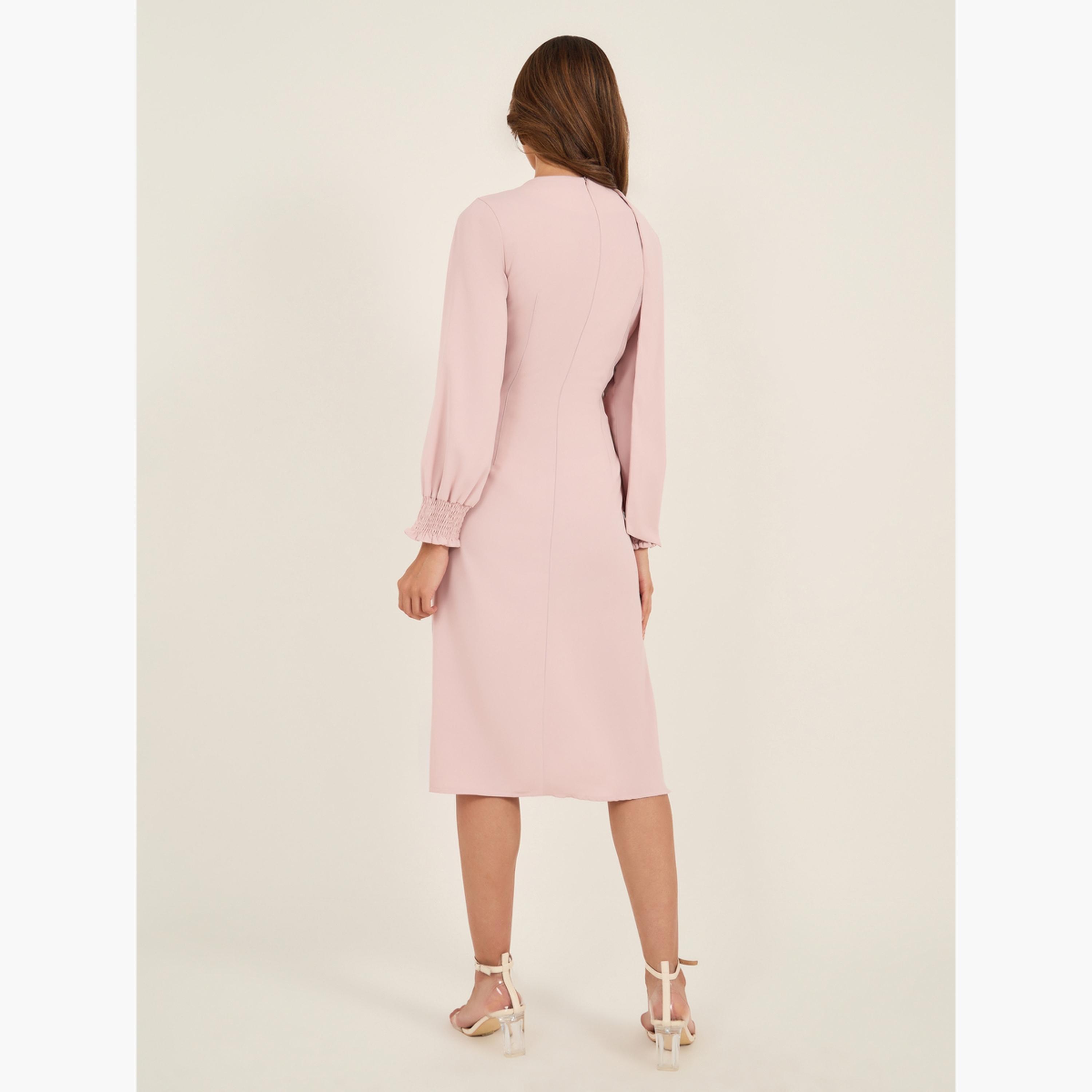 فستان ميدي سادة بتفاصيل كسرات مع ربطة-women-clothing-dresses-image-5