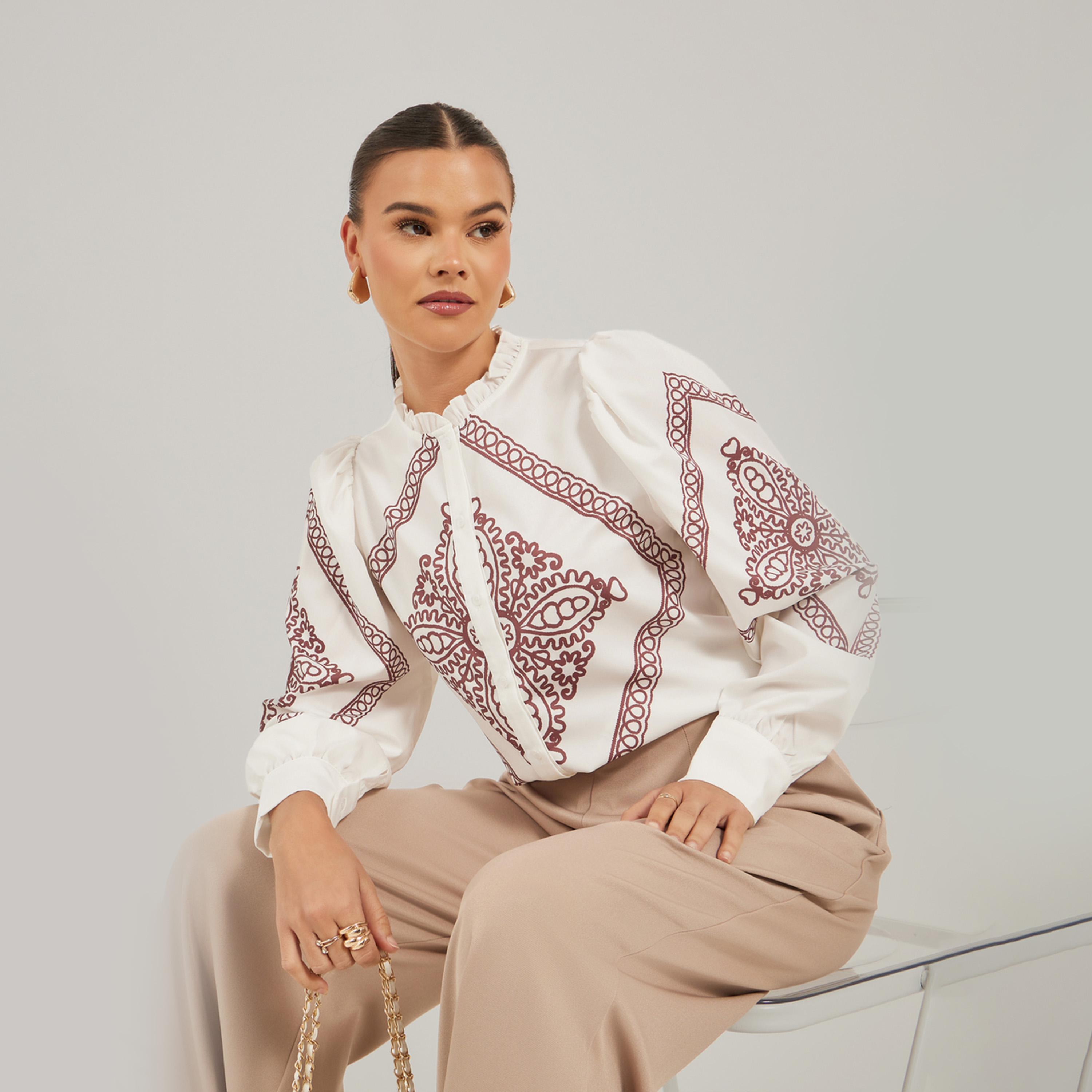 بلوزة بقصة سائبة وياقة عالية مع كشكش-women-clothing-shirtsandblouses-shirts-image-1