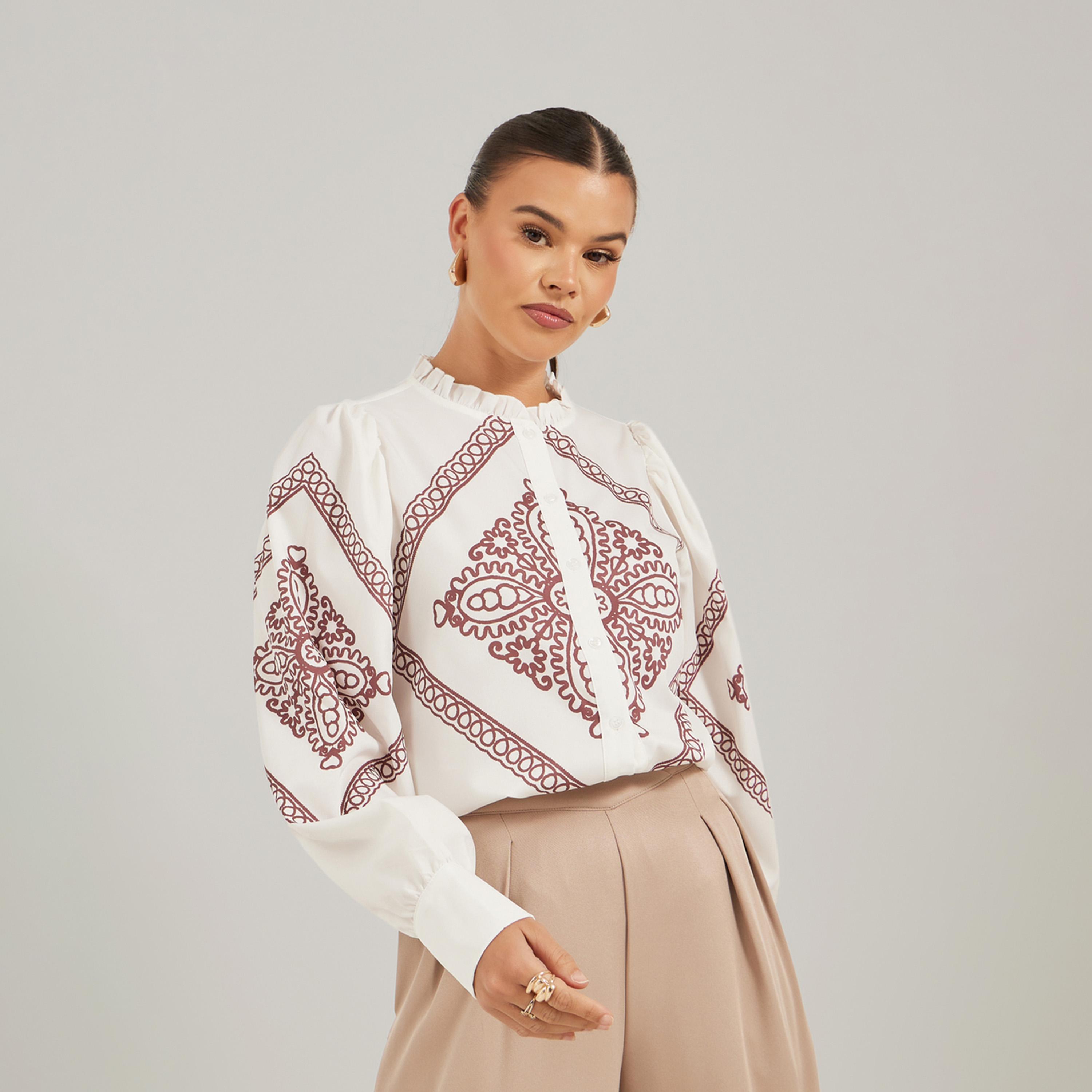 بلوزة بقصة سائبة وياقة عالية مع كشكش-women-clothing-shirtsandblouses-shirts-image-3