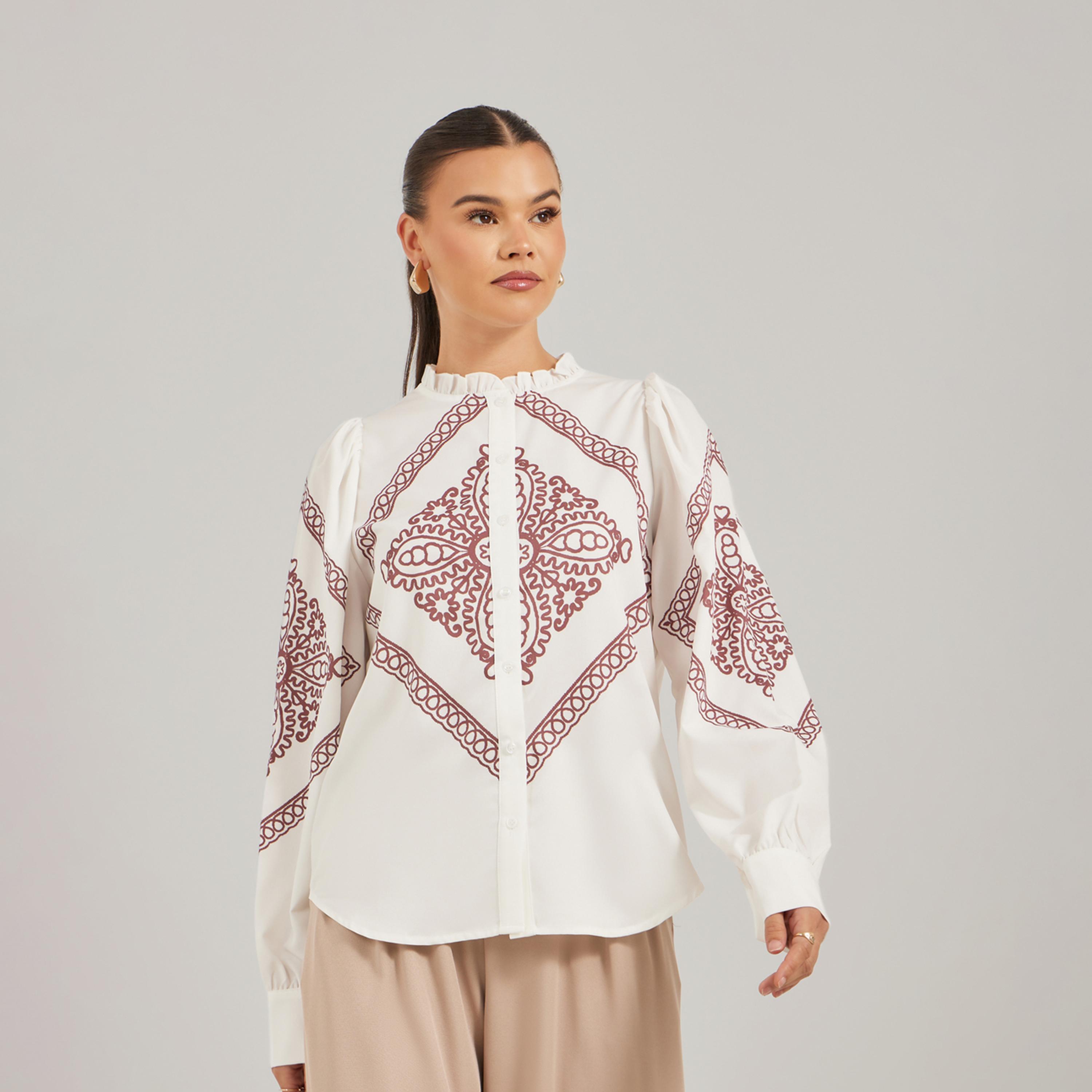 Take Two Printed Ruffled High Neck Loose Fit Shirt-women-clothing-shirtsandblouses-shirts-image-4