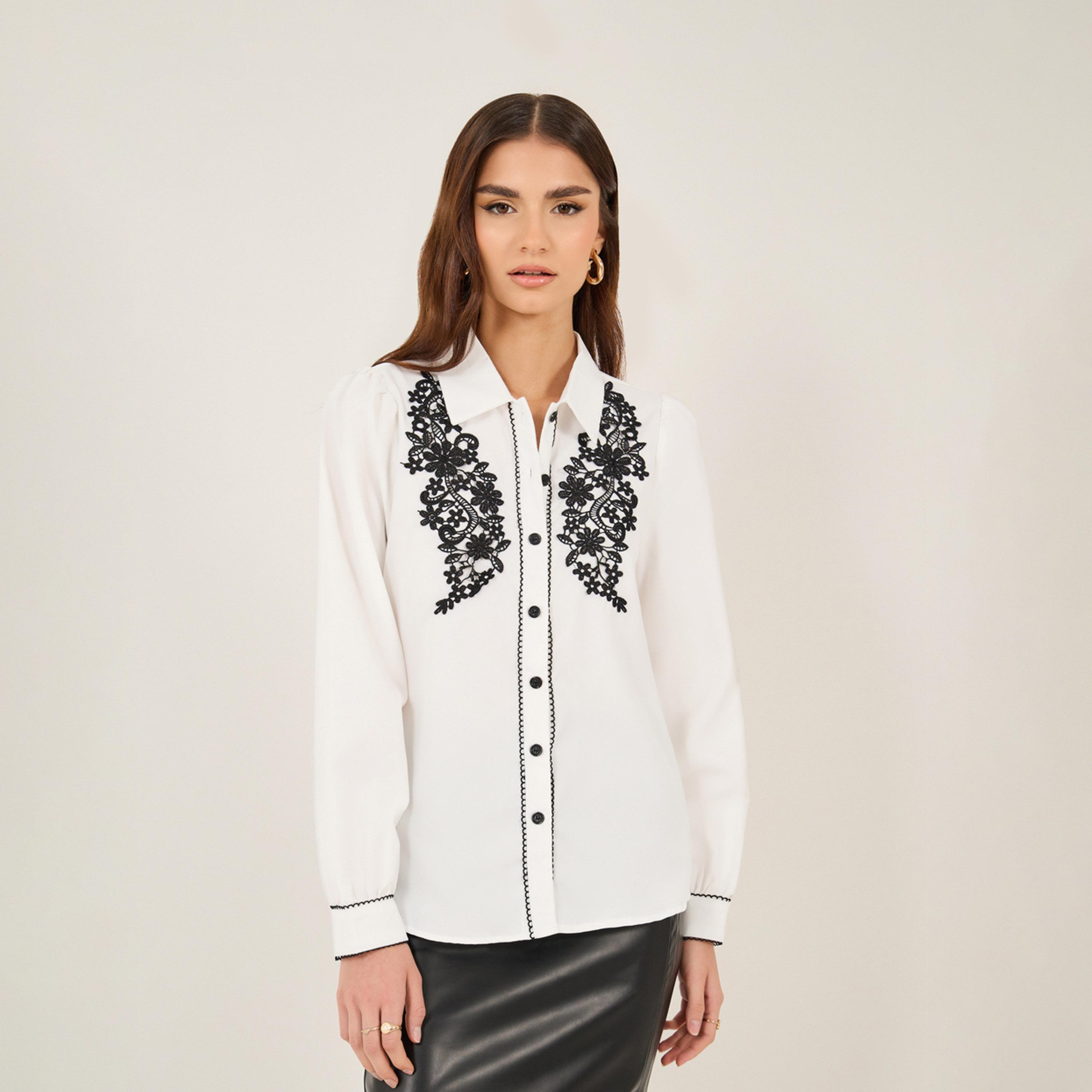 Take Two Regular Fit Lace Insert Collared Shirt-women-clothing-shirtsandblouses-shirts-image-1