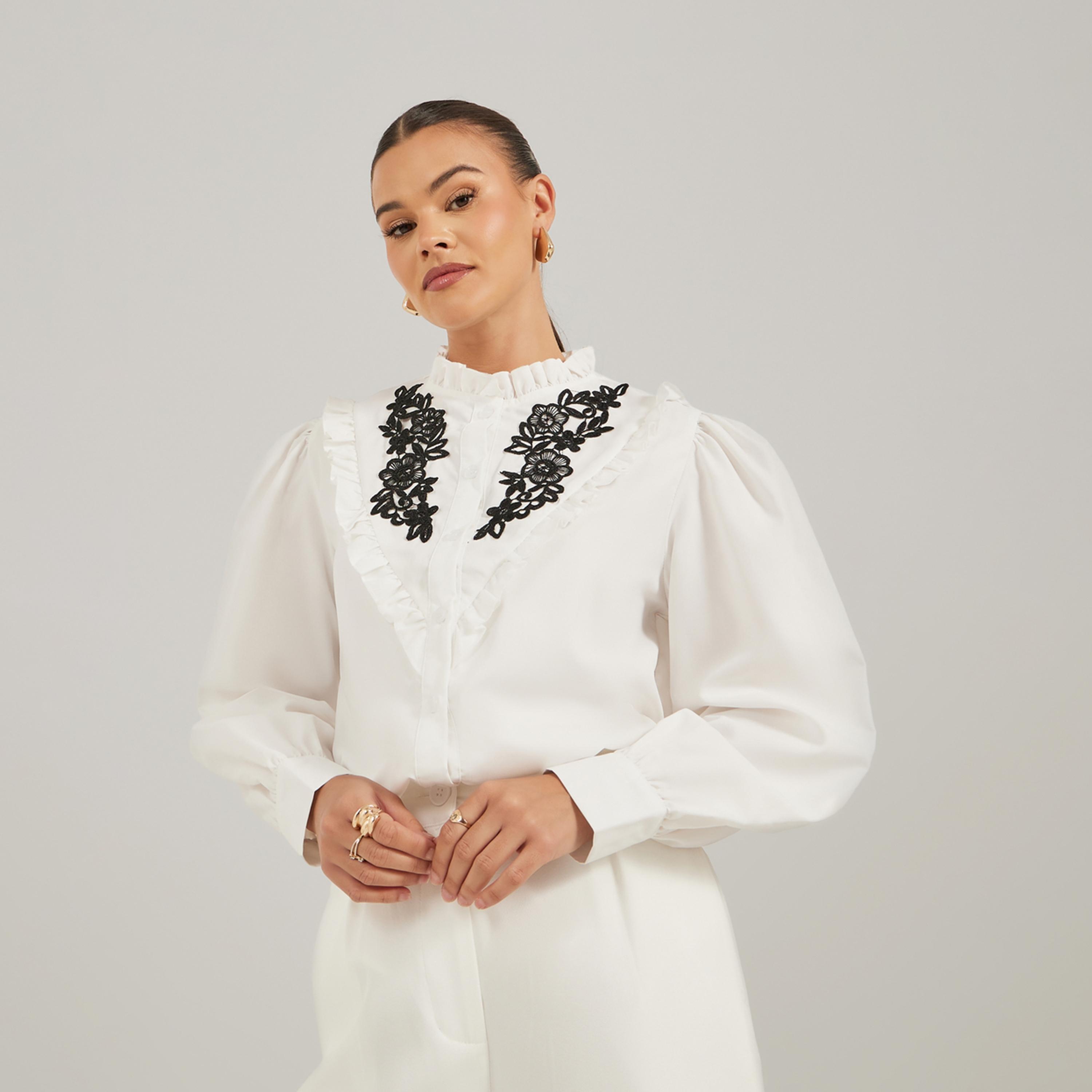 بلوزة بتفاصيل كشكش وأكمام بالون-women-clothing-shirtsandblouses-shirts-image-1