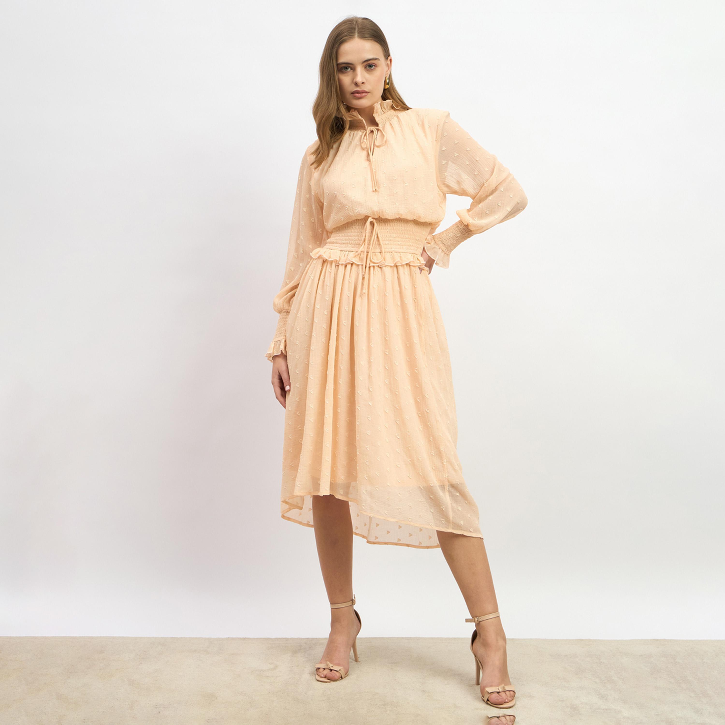 ستايلي - فستان متوسط الطول من قماش دوبي بخصر مكشكش وقصة A-women-clothing-dresses-image-2