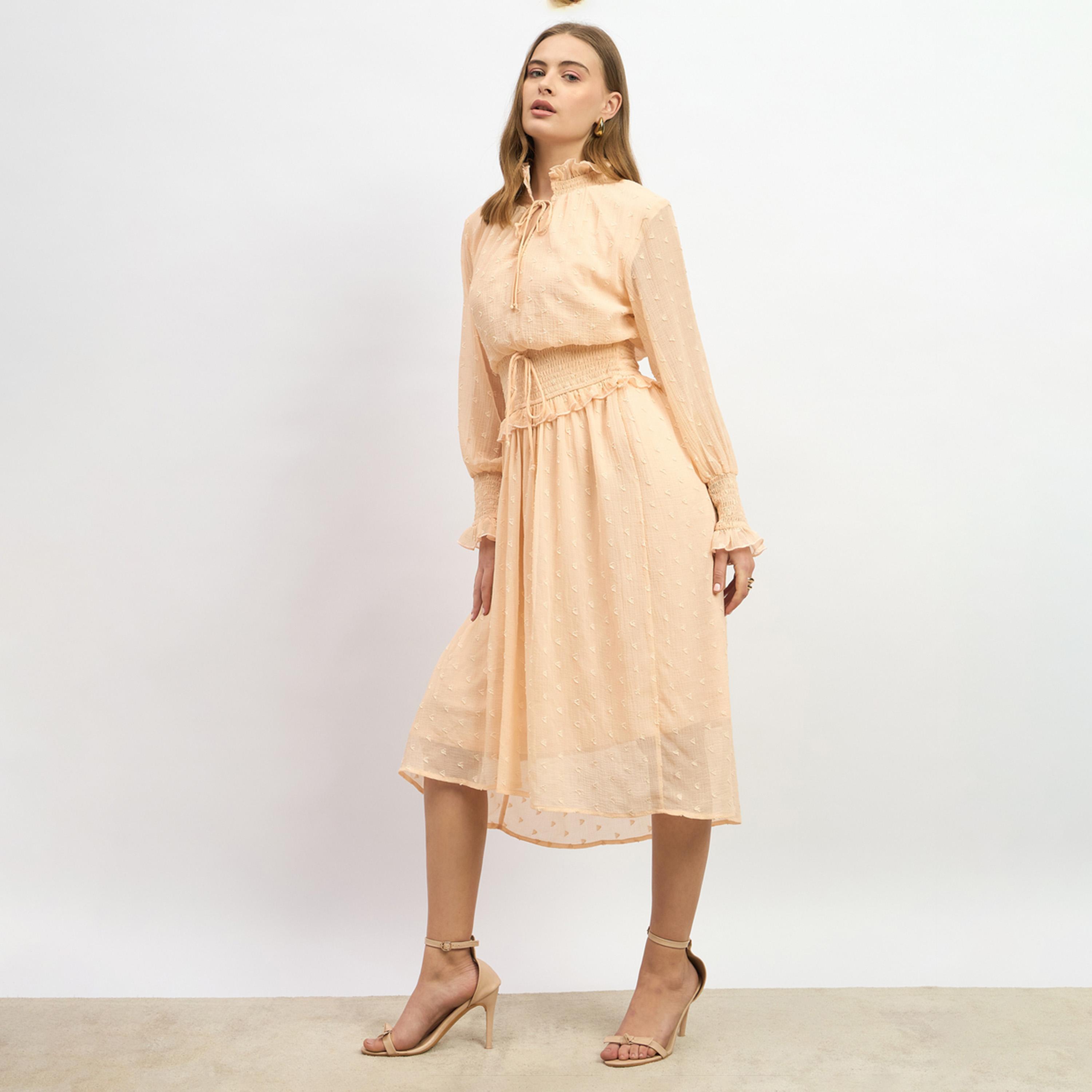ستايلي - فستان متوسط الطول من قماش دوبي بخصر مكشكش وقصة A-women-clothing-dresses-image-3