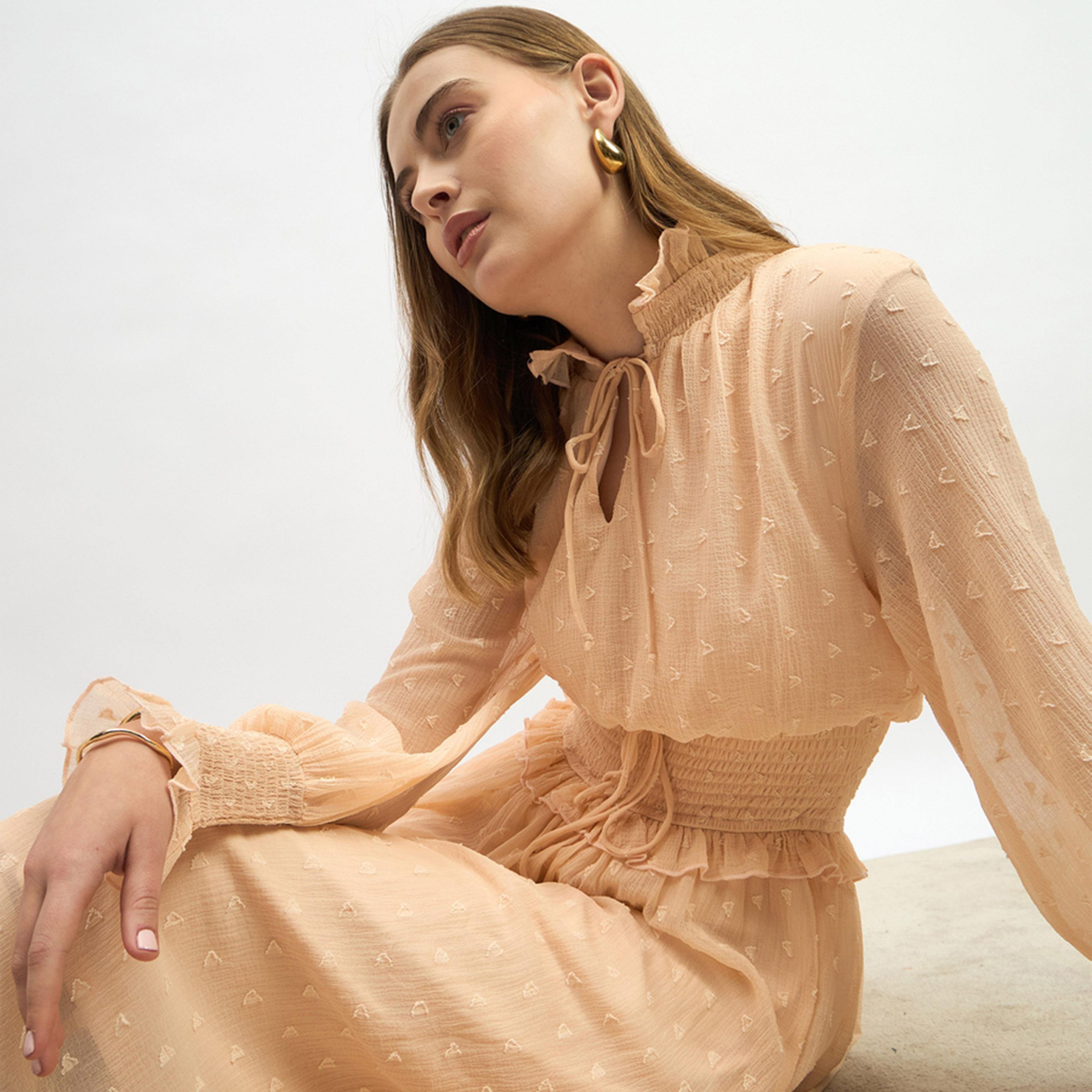 ستايلي - فستان متوسط الطول من قماش دوبي بخصر مكشكش وقصة A-women-clothing-dresses-image-6