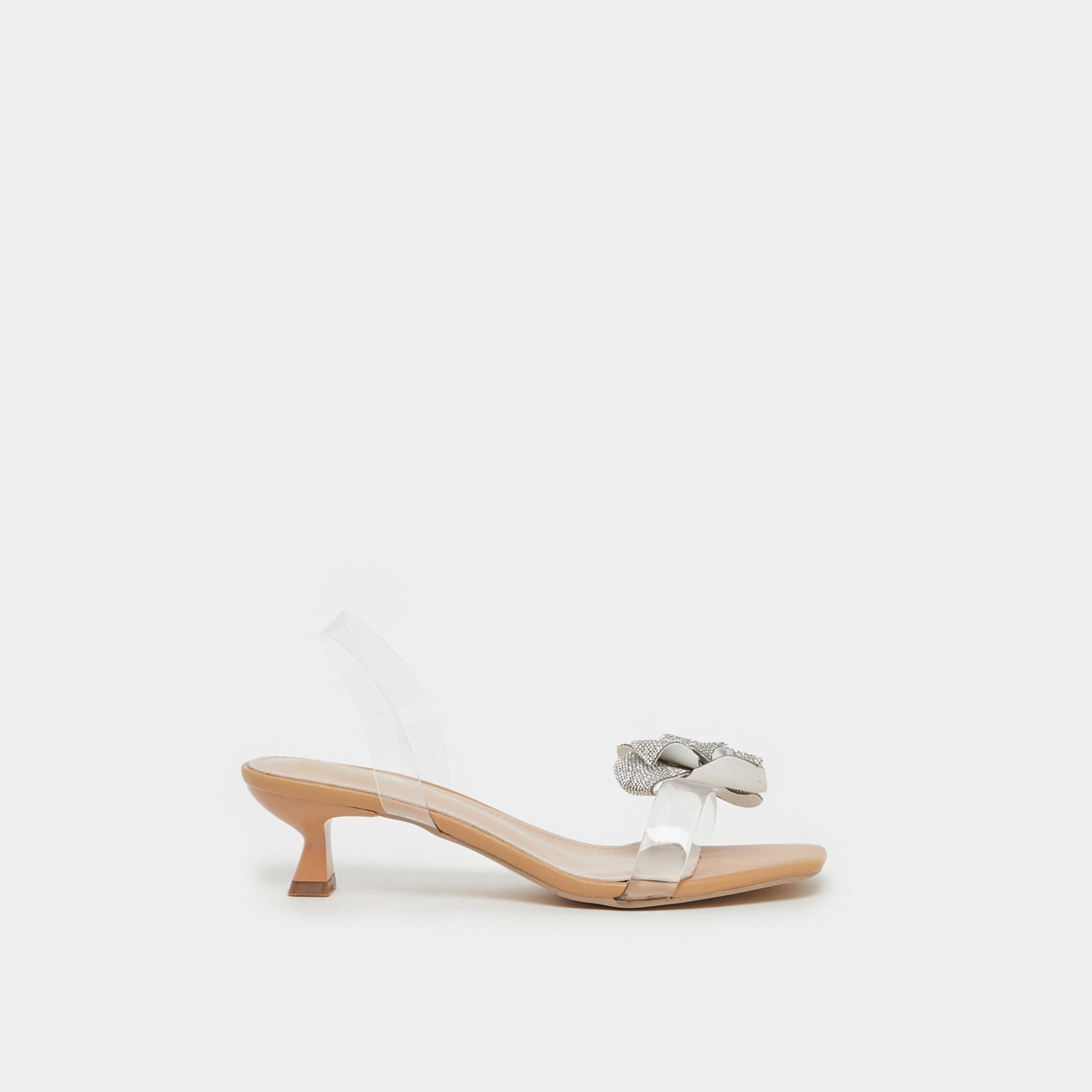 ستايلي - صندل بكعب صغير وحزام شفاف مزين بزهرة بلمعة معدنية-women-shoes-sandals-heeled-image-1