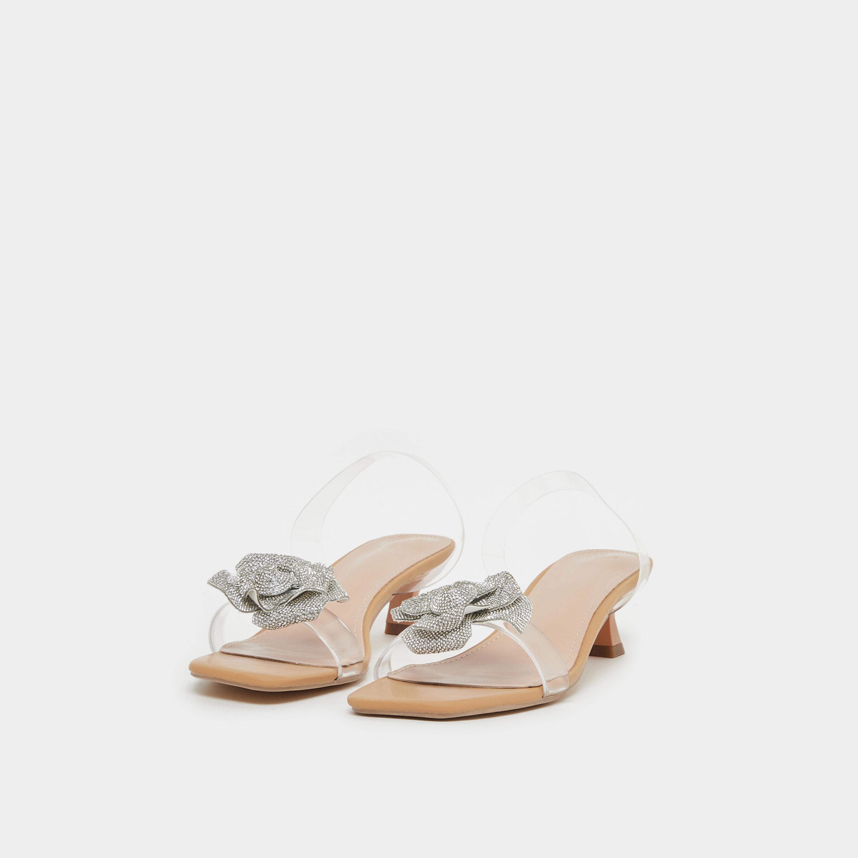 ستايلي - صندل بكعب صغير وحزام شفاف مزين بزهرة بلمعة معدنية-women-shoes-sandals-heeled-image-2