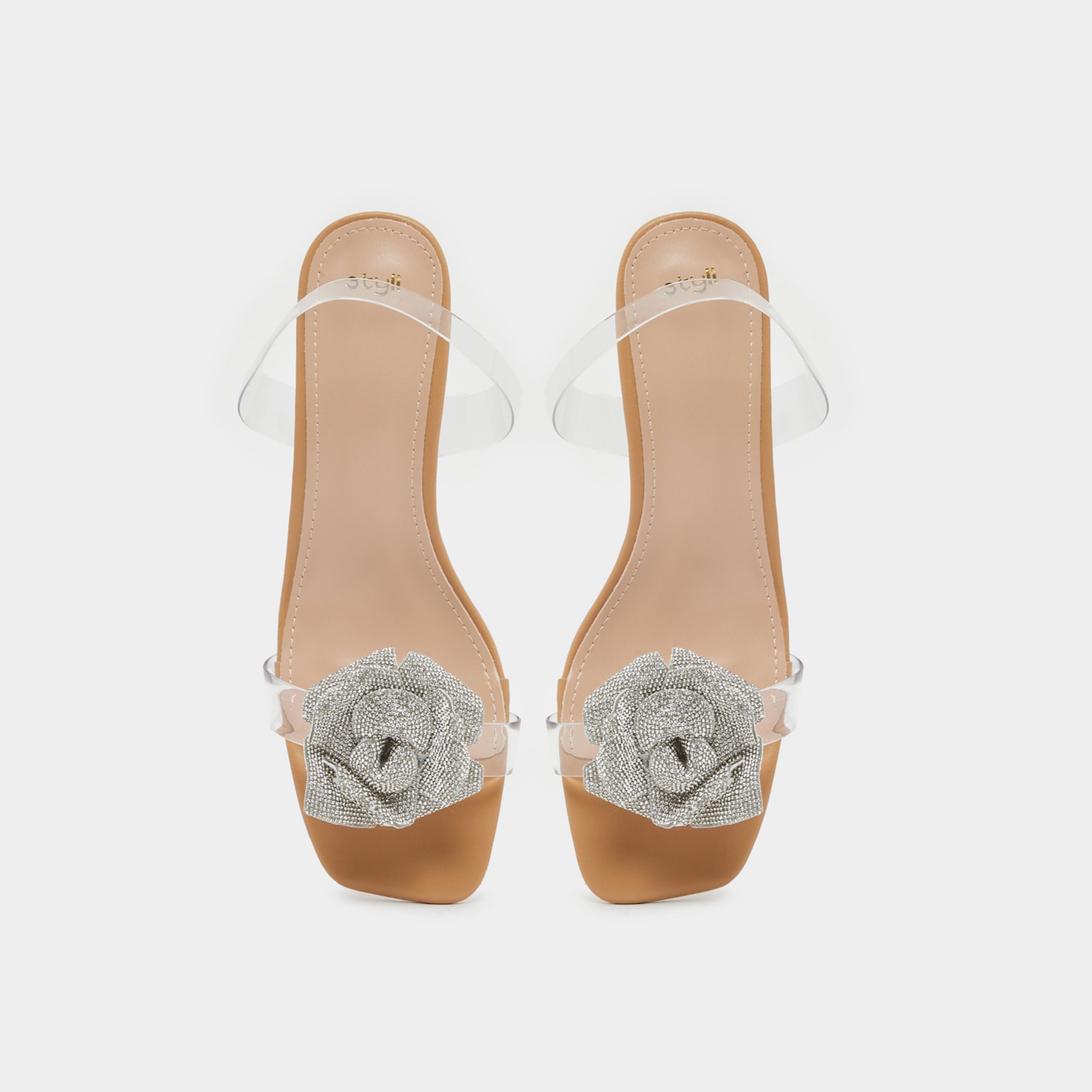 ستايلي - صندل بكعب صغير وحزام شفاف مزين بزهرة بلمعة معدنية-women-shoes-sandals-heeled-image-5
