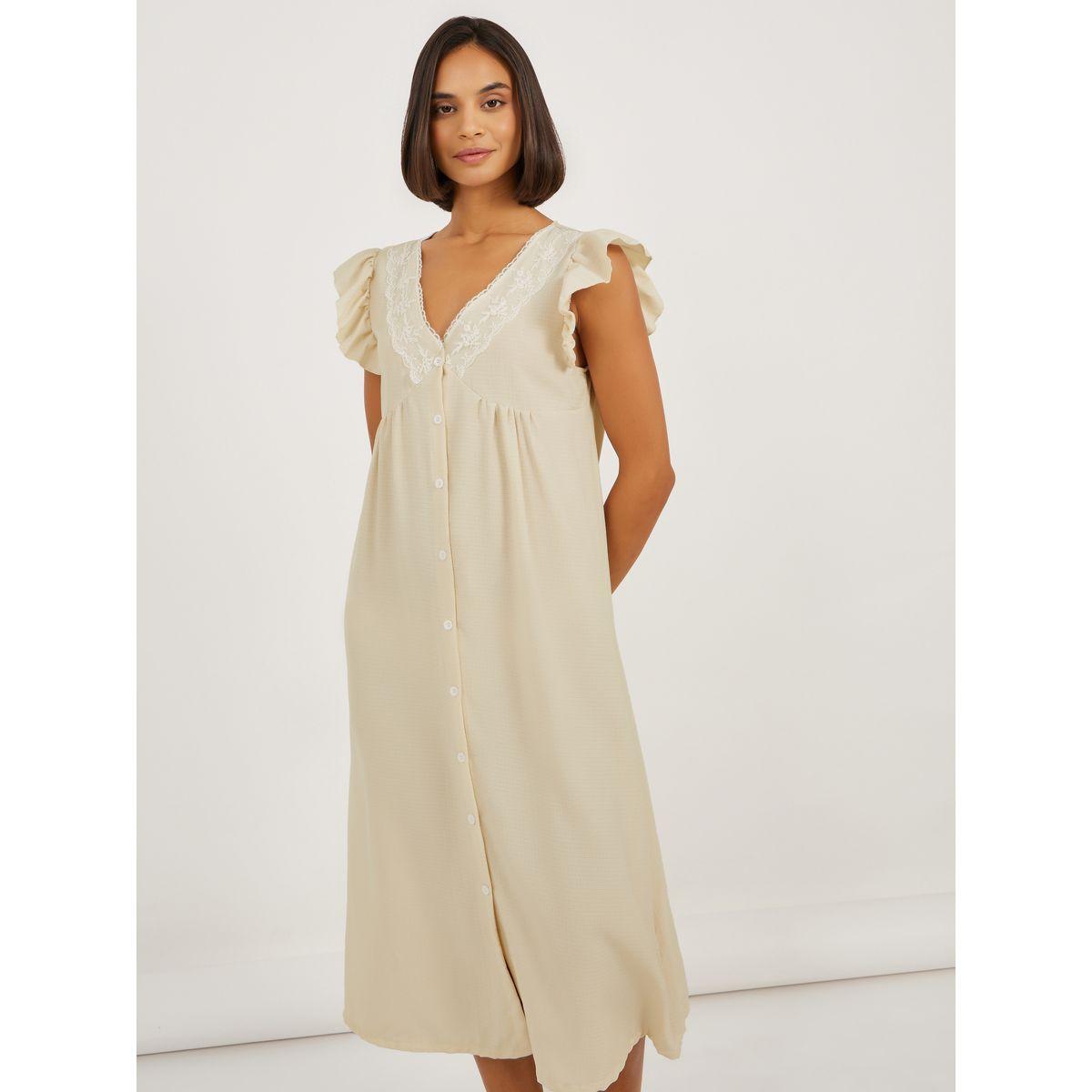 Styli Button Detail Lace Trim Ruffle Sleeve Nightdress-women-clothing-nightwear-nighties-image-1