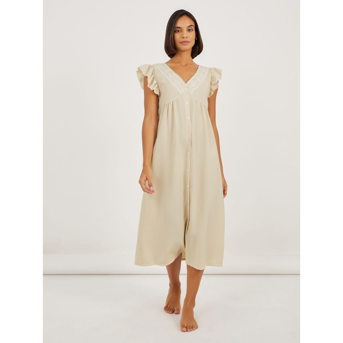 Styli Button Detail Lace Trim Ruffle Sleeve Nightdress-women-clothing-nightwear-nighties-image-2