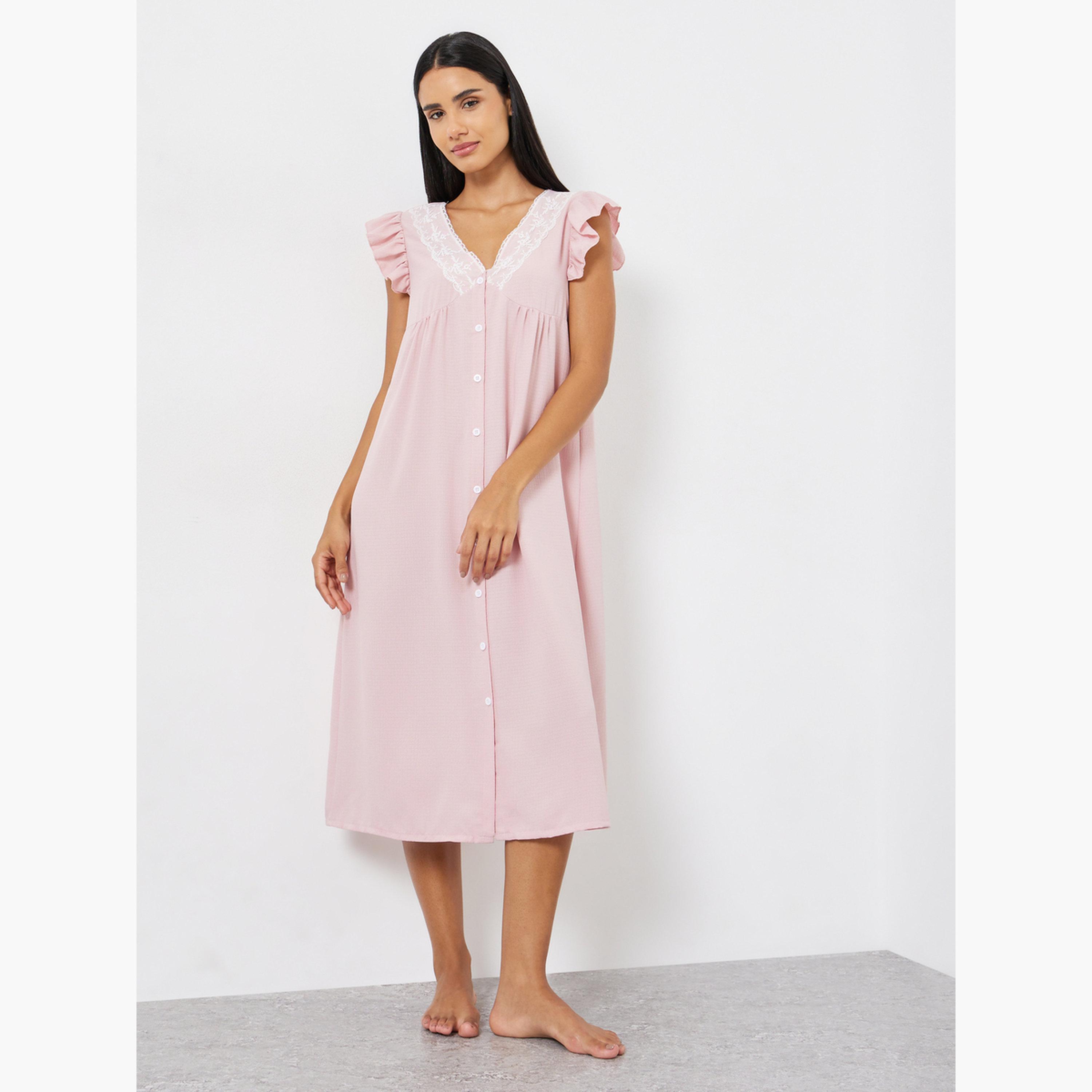 قميص نوم بأكمام مكشكشة وتفاصيل دانتيل وأزرار-women-clothing-nightwear-nighties-image-1