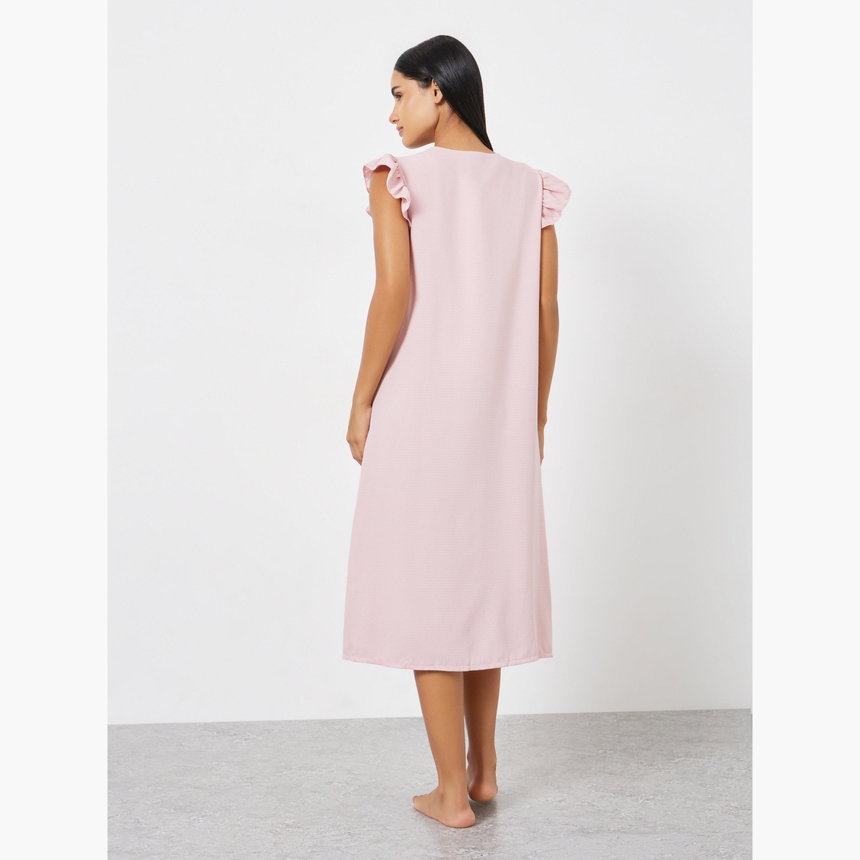 قميص نوم بأكمام مكشكشة وتفاصيل دانتيل وأزرار-women-clothing-nightwear-nighties-image-2