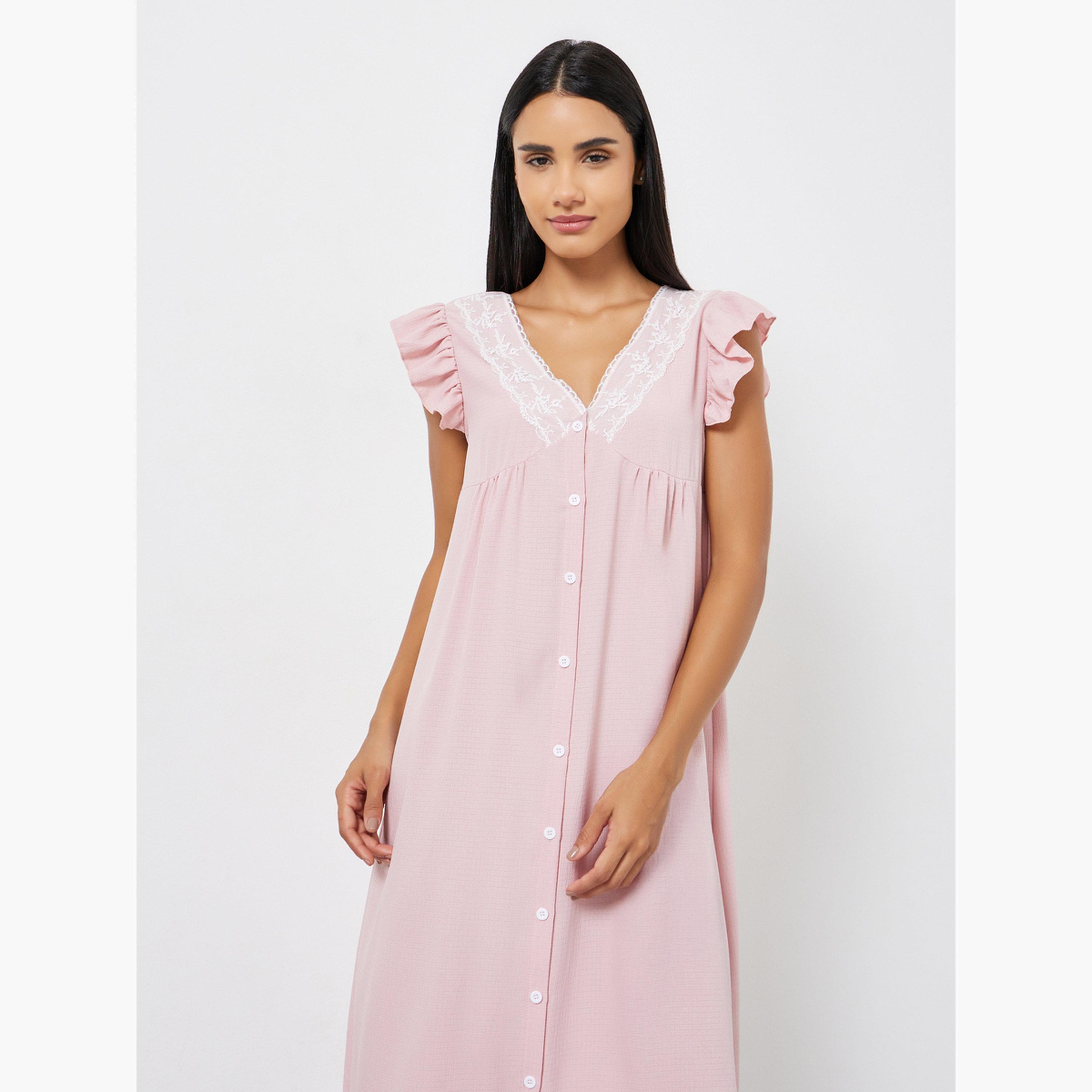 قميص نوم بأكمام مكشكشة وتفاصيل دانتيل وأزرار-women-clothing-nightwear-nighties-image-4