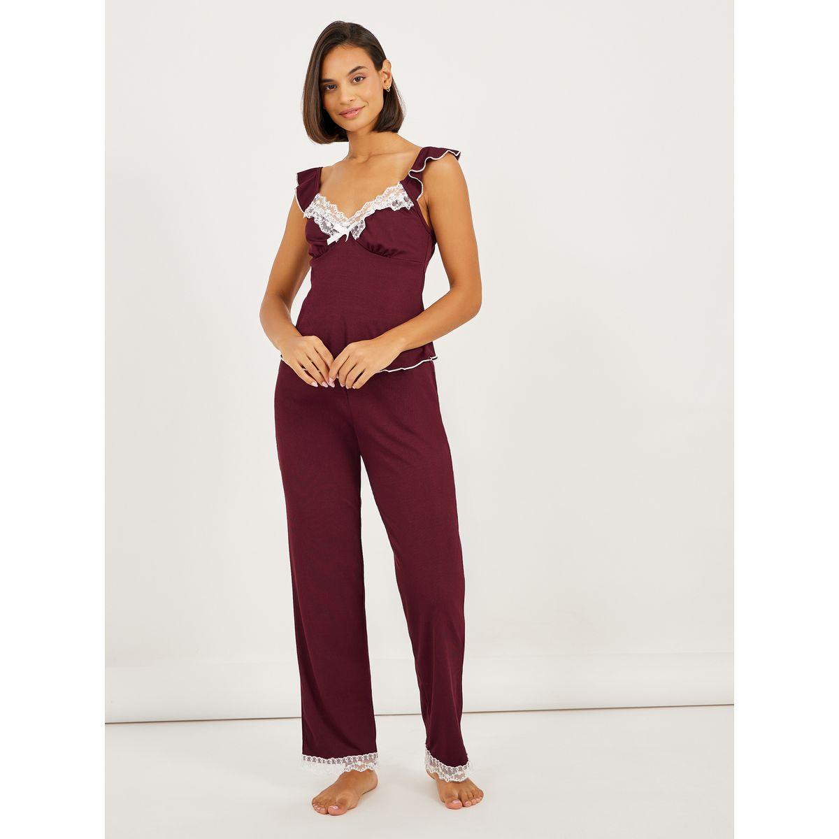 طقم من بنطال بيجاما وبلوزة كامي بأكمام كشكش-women-clothing-nightwear-pyjamas-longsets-image-1