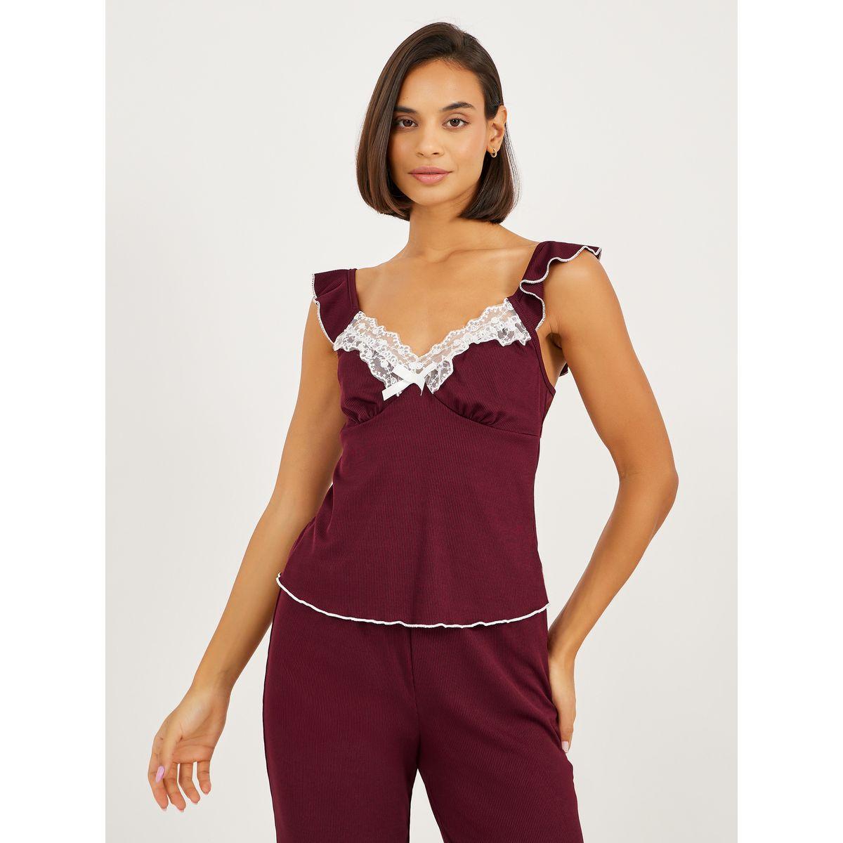 طقم من بنطال بيجاما وبلوزة كامي بأكمام كشكش-women-clothing-nightwear-pyjamas-longsets-image-2