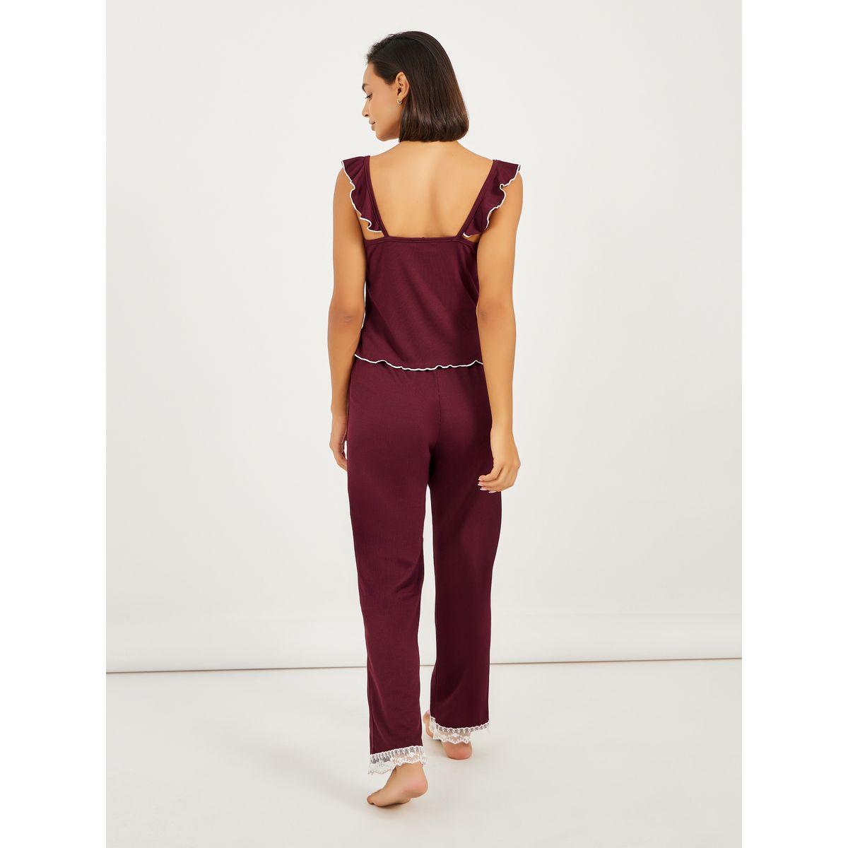 Styli Ruffle Sleeve Contrast Lettuce Hem Lace Cami and Pyjama Set-women-clothing-nightwear-pyjamas-longsets-image-5