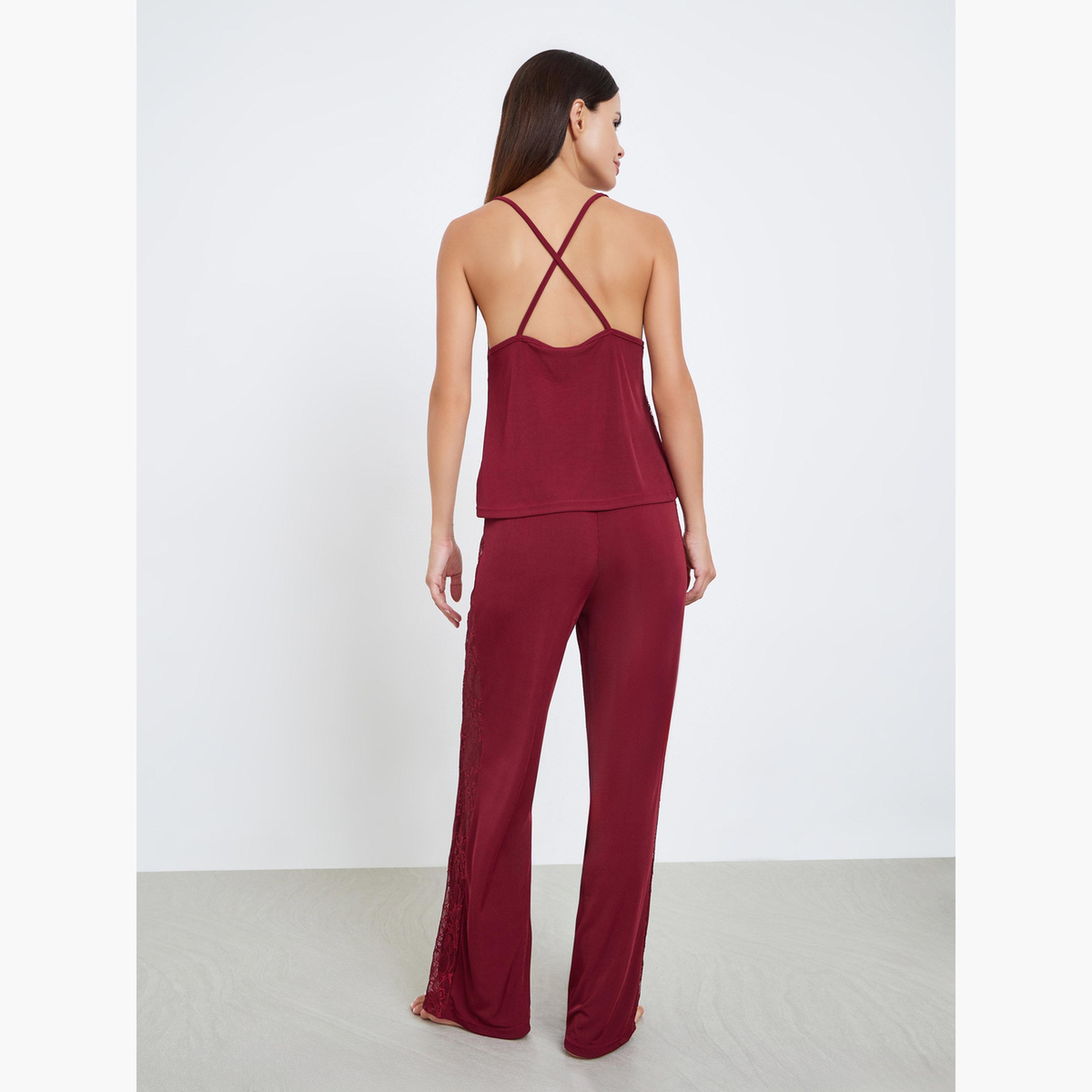 طقم بيجاما من بنطال وبلوزة كامي بتفاصيل دانتيل جانبية-women-clothing-nightwear-pyjamas-longsets-image-2