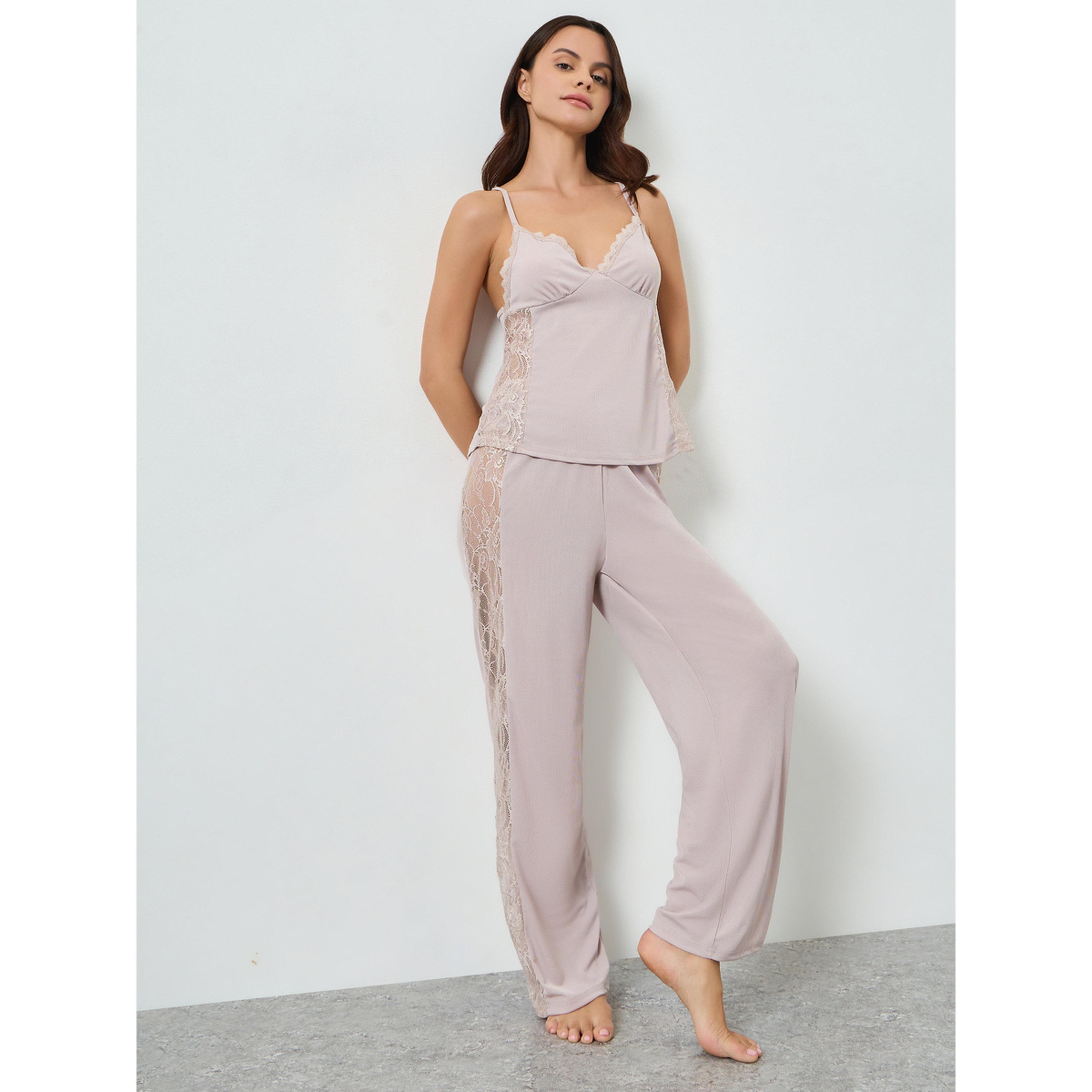 Styli Pink Lace Trim Cami and Pyjama Set-women-clothing-nightwear-pyjamas-longsets-image-1