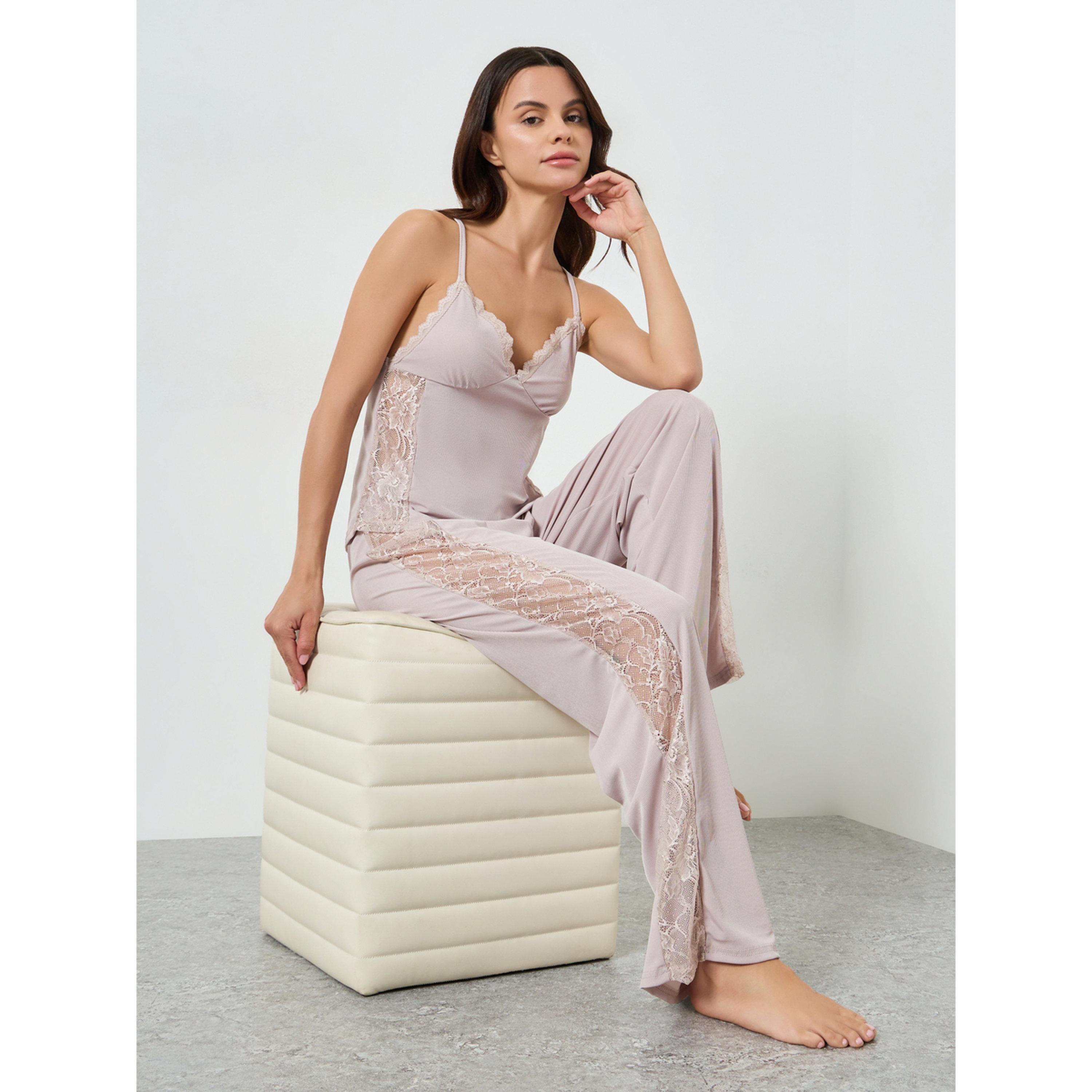 Styli Pink Lace Trim Cami and Pyjama Set-women-clothing-nightwear-pyjamas-longsets-image-2