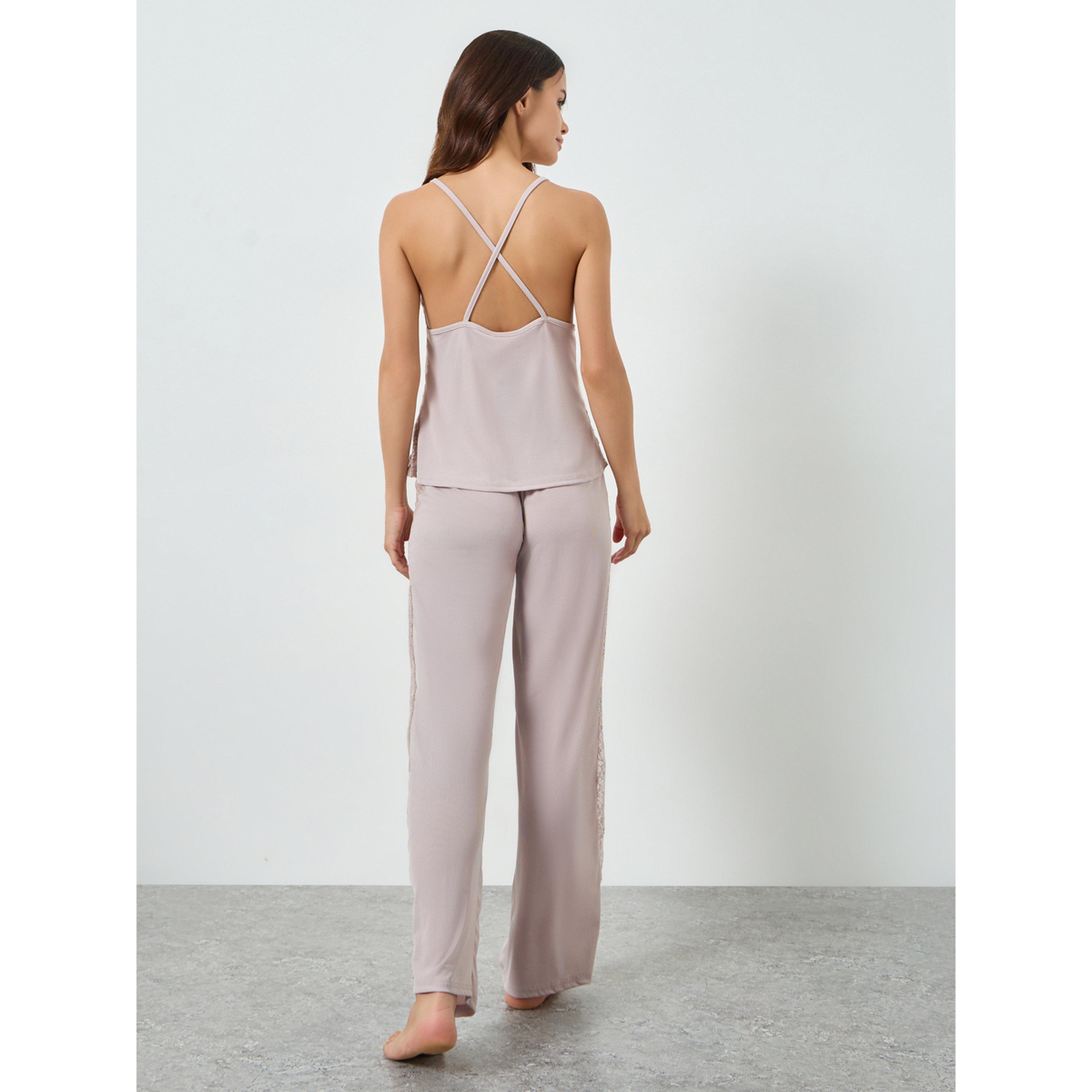 Styli Pink Lace Trim Cami and Pyjama Set-women-clothing-nightwear-pyjamas-longsets-image-4