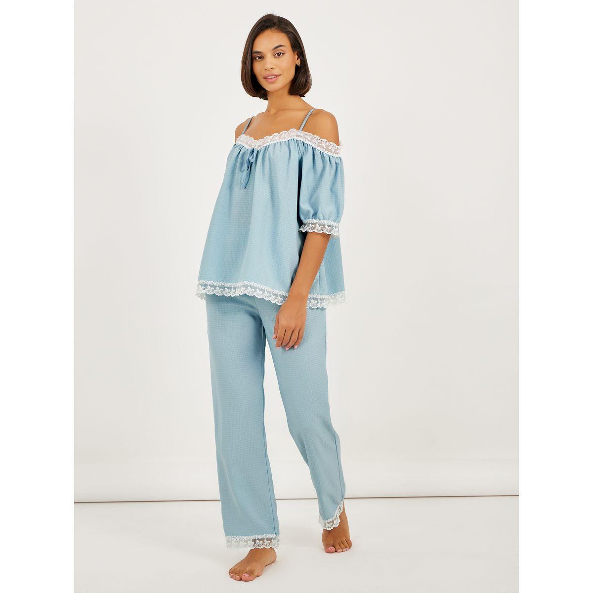Styli Bow Embroidered Trim Bardot Top and Pyjama Set-women-clothing-nightwear-pyjamas-longsets-image-1