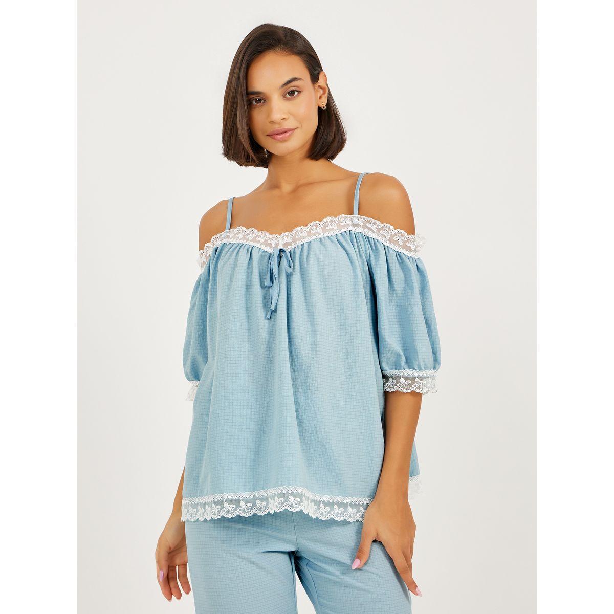 Styli Bow Embroidered Trim Bardot Top and Pyjama Set-women-clothing-nightwear-pyjamas-longsets-image-2