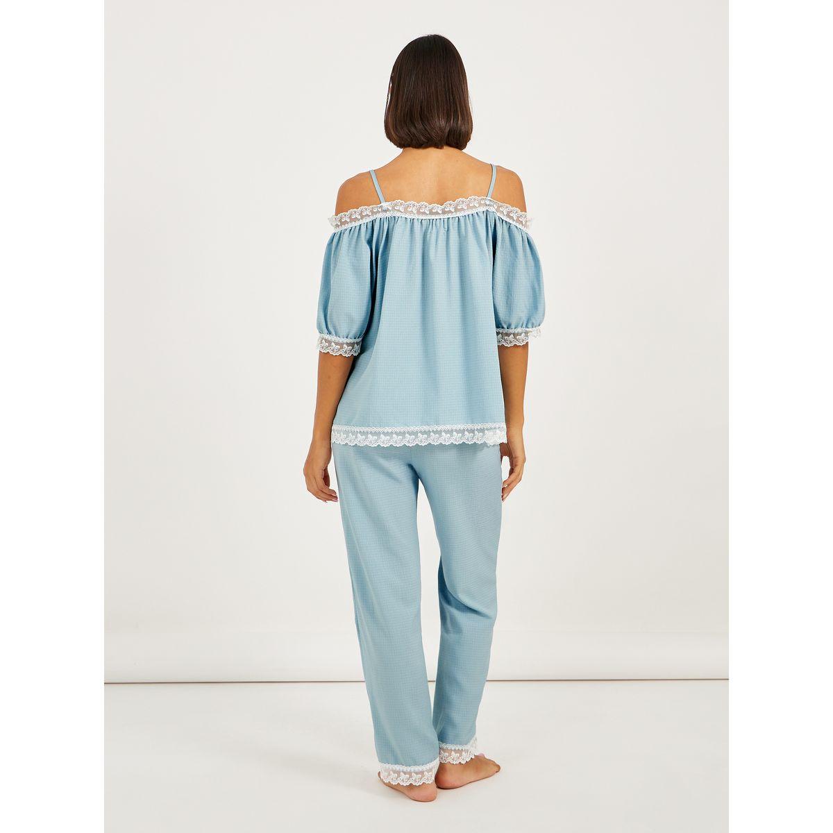Styli Bow Embroidered Trim Bardot Top and Pyjama Set-women-clothing-nightwear-pyjamas-longsets-image-5
