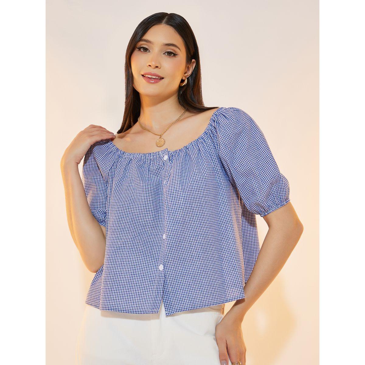 بلوزة بطبعة غينغام وياقة واسعة مع أزرار-women-clothing-shirtsandblouses-blouses-image-5