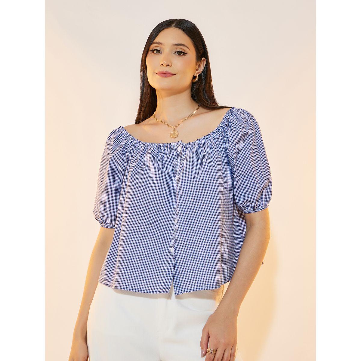 بلوزة بطبعة غينغام وياقة واسعة مع أزرار-women-clothing-shirtsandblouses-blouses-image-3