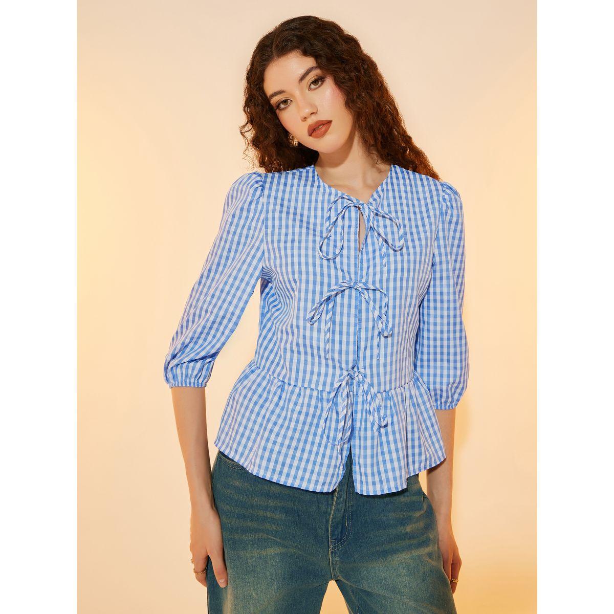 Take Two Gingham Checked Tie Front 3/4 Sleeve Blouse-women-clothing-shirtsandblouses-blouses-image-1
