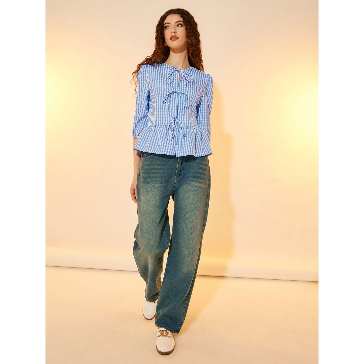 Take Two Gingham Checked Tie Front 3/4 Sleeve Blouse-women-clothing-shirtsandblouses-blouses-image-2